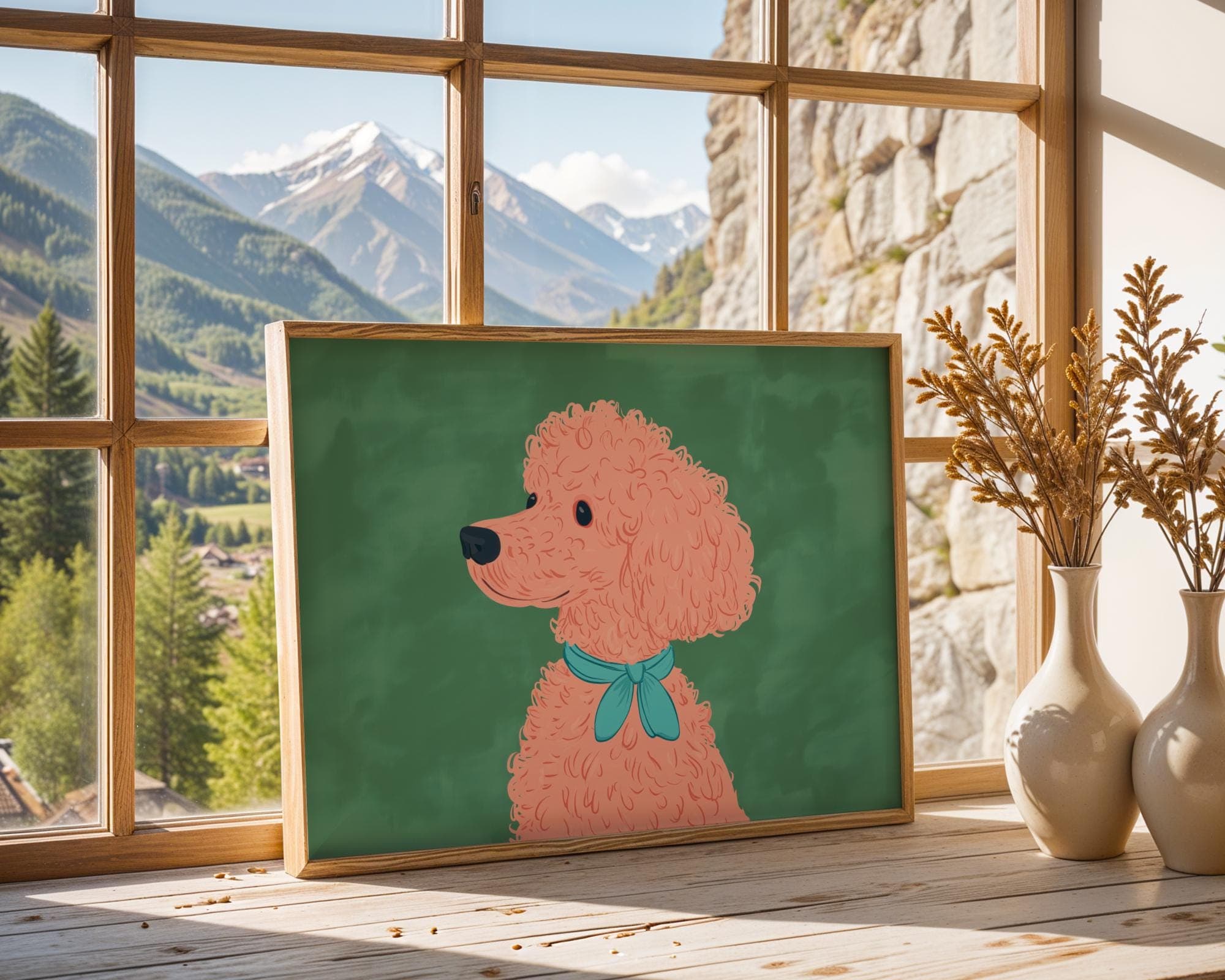 Pink Poodle Cartoon Art, Cute Dog Wall Print, Kawaii Style Dog Print, Pop Art Poodle, Modern Pastel Pet Portrait for Girls Room, Digital Dog - view 3