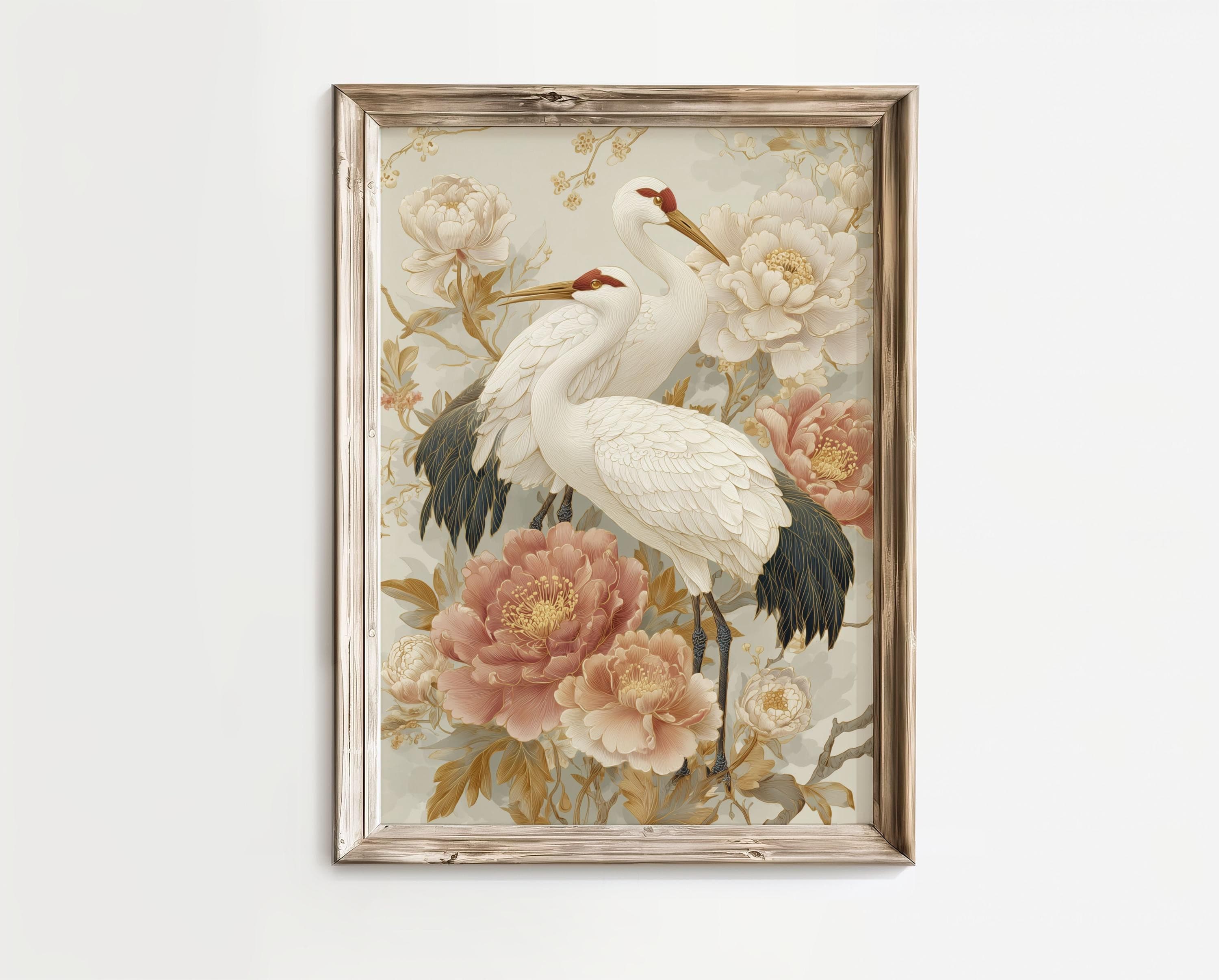 Japanese Crane Wall Art Print, Vintage Asian Bird Painting, Chinoiserie Floral Decor, Elegant Oriental Art, Crane Wall Art Vintage Floral - view 2