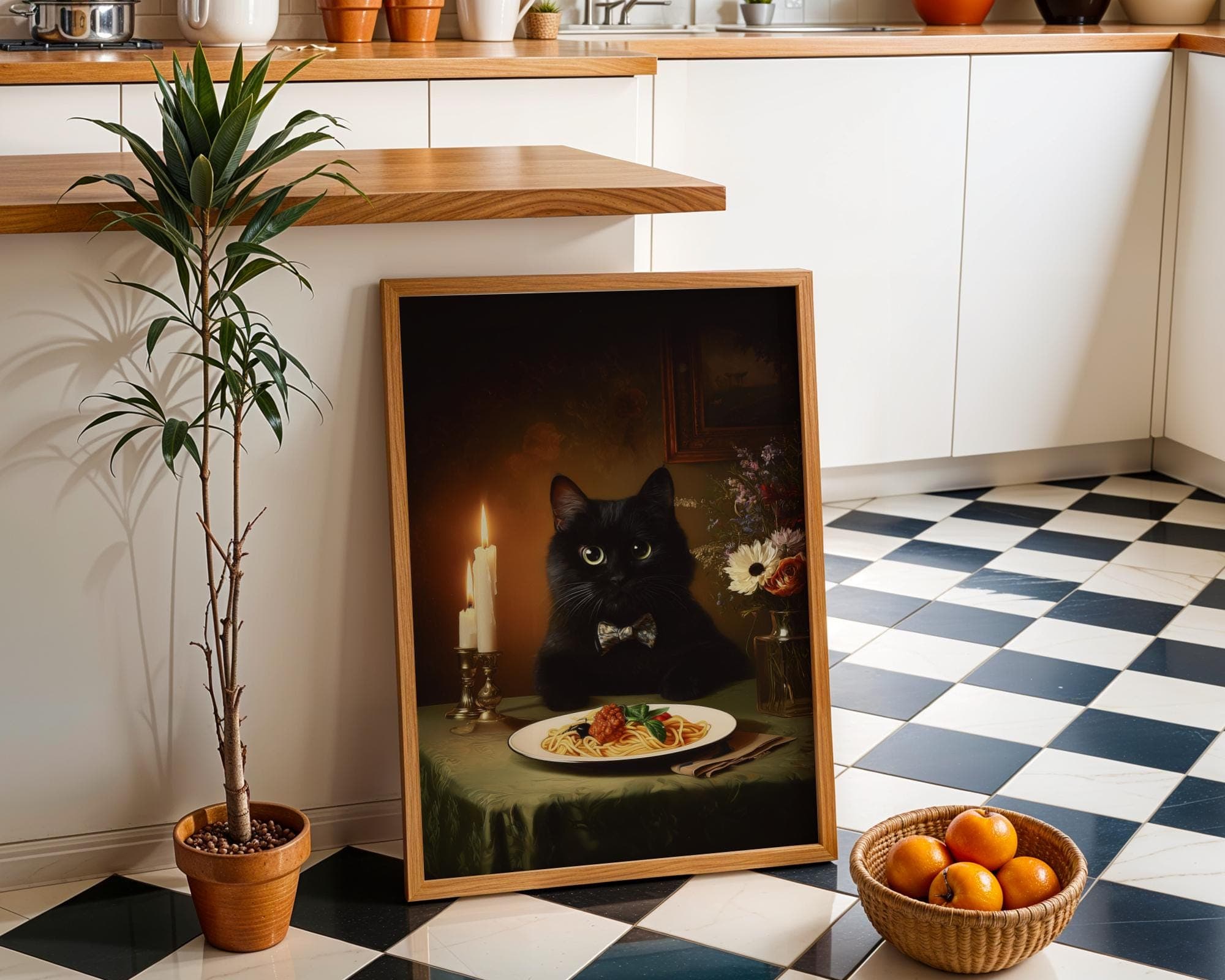 Black Cat Spaghetti Art Print, Funny Black Cat Wall Art, Pasta Lover Gift, Dark Academia Cat Wall Art, Quirky Dining Room Poster, Black Cat - view 2