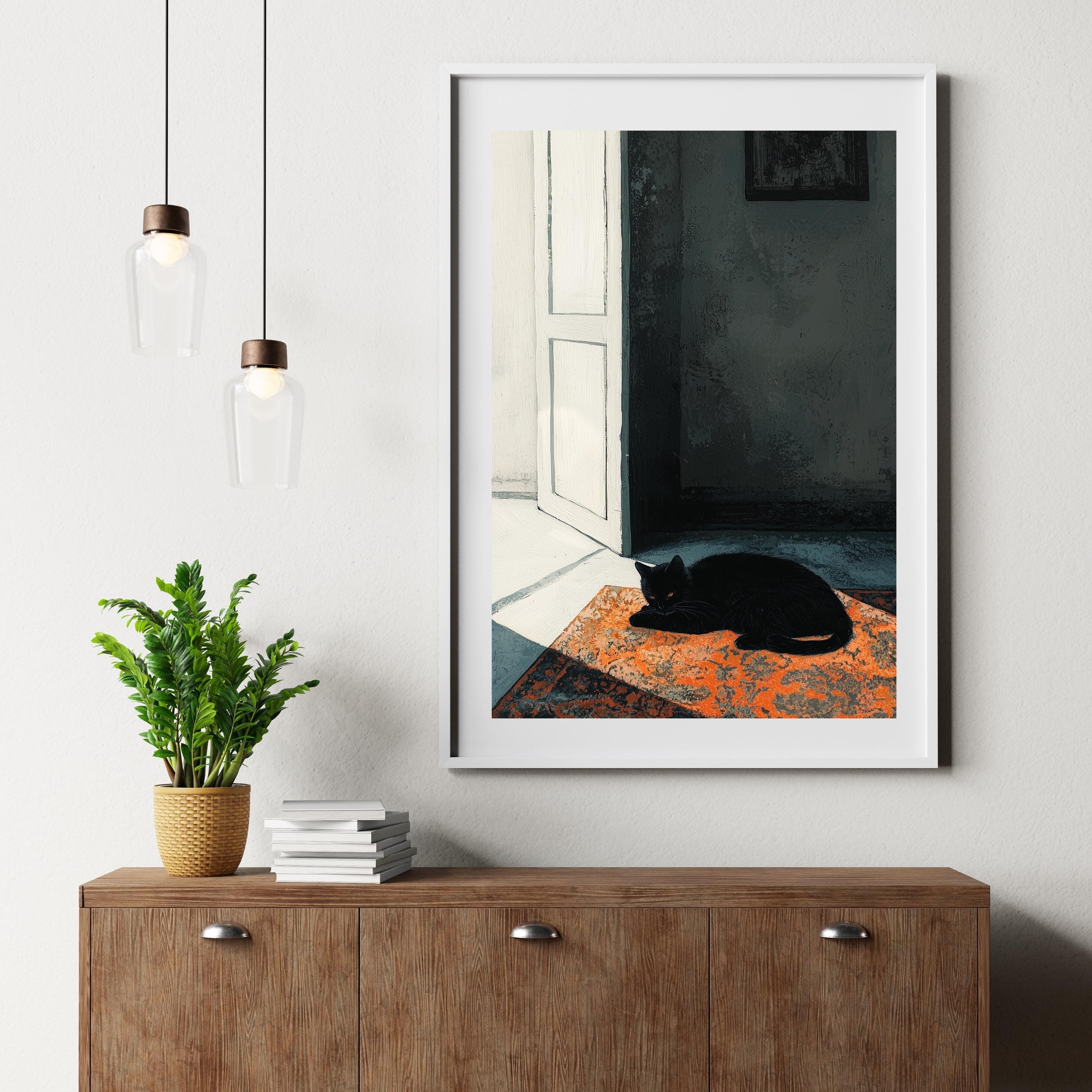 Moody Black Cat in Sunlit Room, Dark Minimalist Art, Black Cat Digital Download, Black Cat Poster, Maximalist Black Cat Art, Cat Lover Gİft - view 5