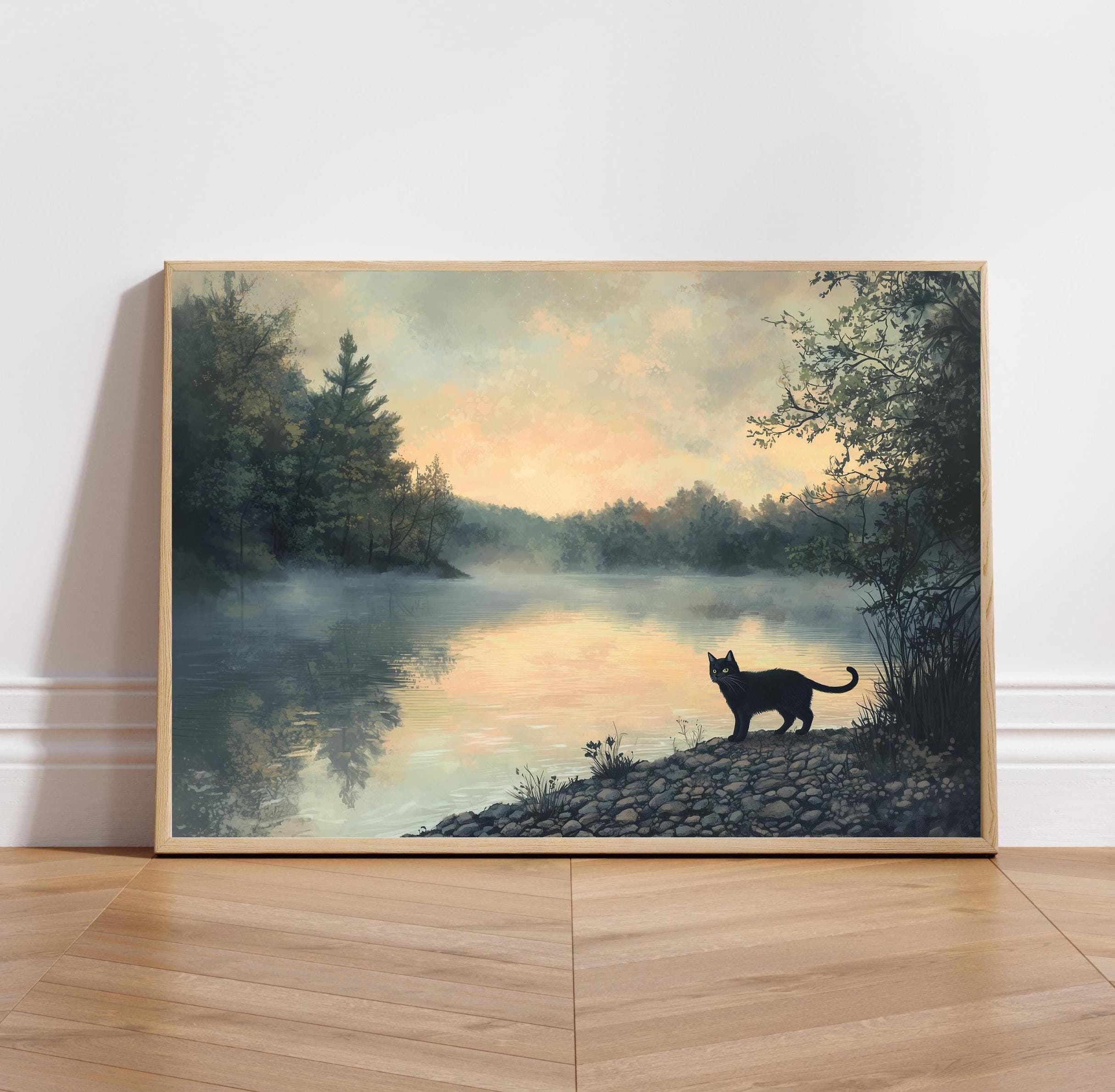 Whimsical Black Cat Art, Calming Landscape Wall Art, Digital Animal Wall Art, UNFRAMED,  Black Cat Poster, Landscape Prints, Digital Cat Art