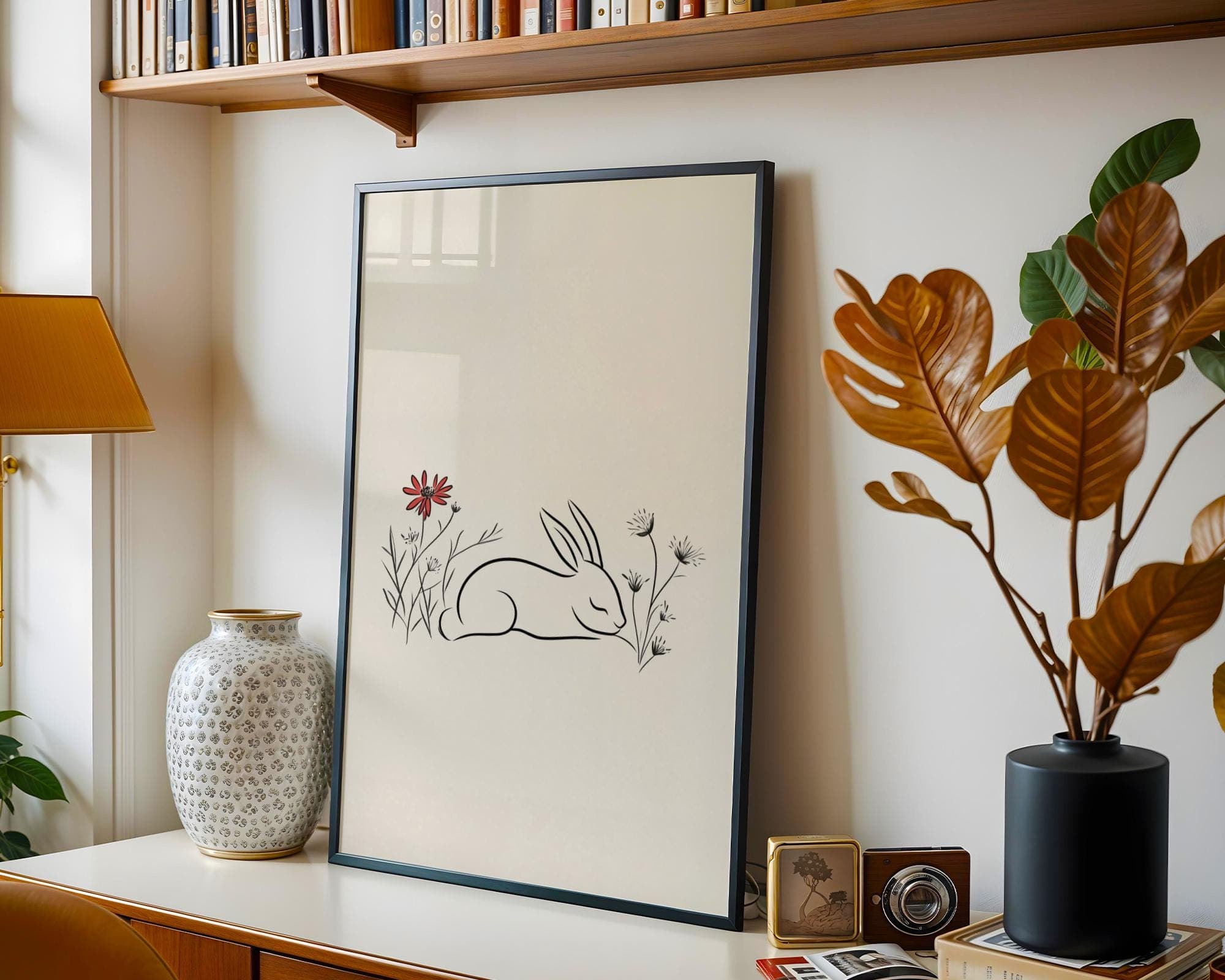 Minimalist Rabbit Wall Art, Scandinavian Animal Print, Minimalist Baby Room Art, Botanical Line Art Rabbit, Beige Botanical Wall Art - view 3