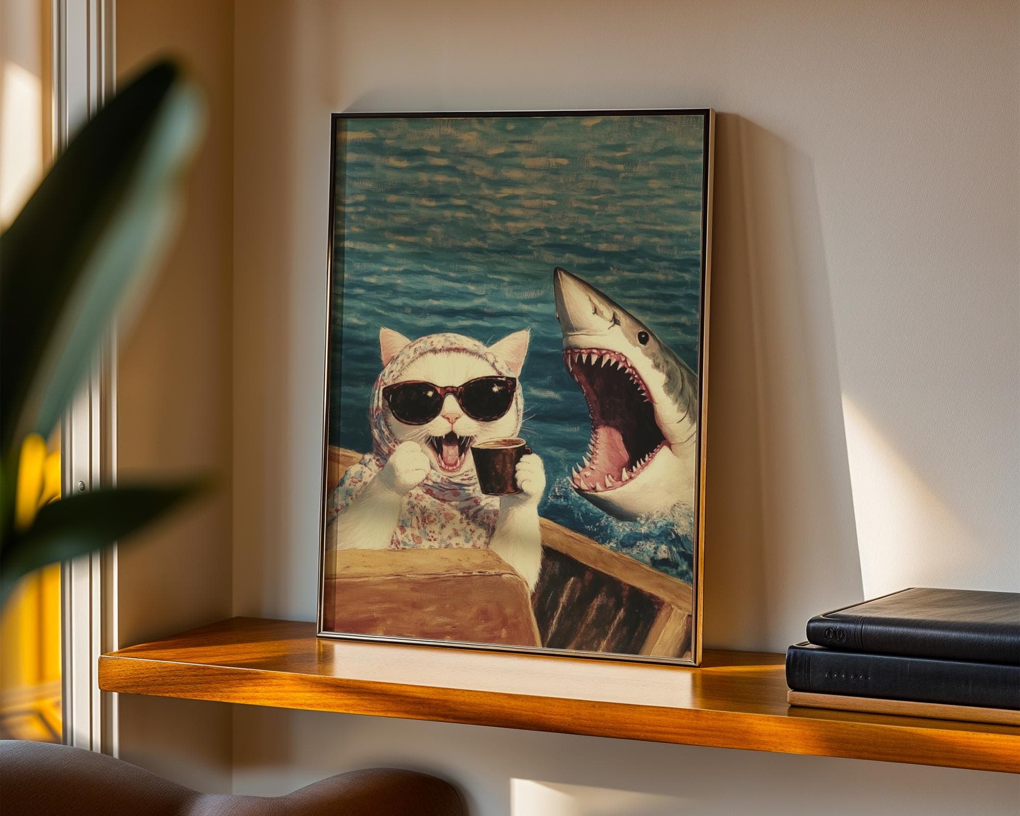 Funny Cat and Shark Wall Art, Funny Animal Art, Quirky Art Print, Quirky Cat Poster, Maximalist Cat Wall Art, Humorous Poster, Digital Art - view 2