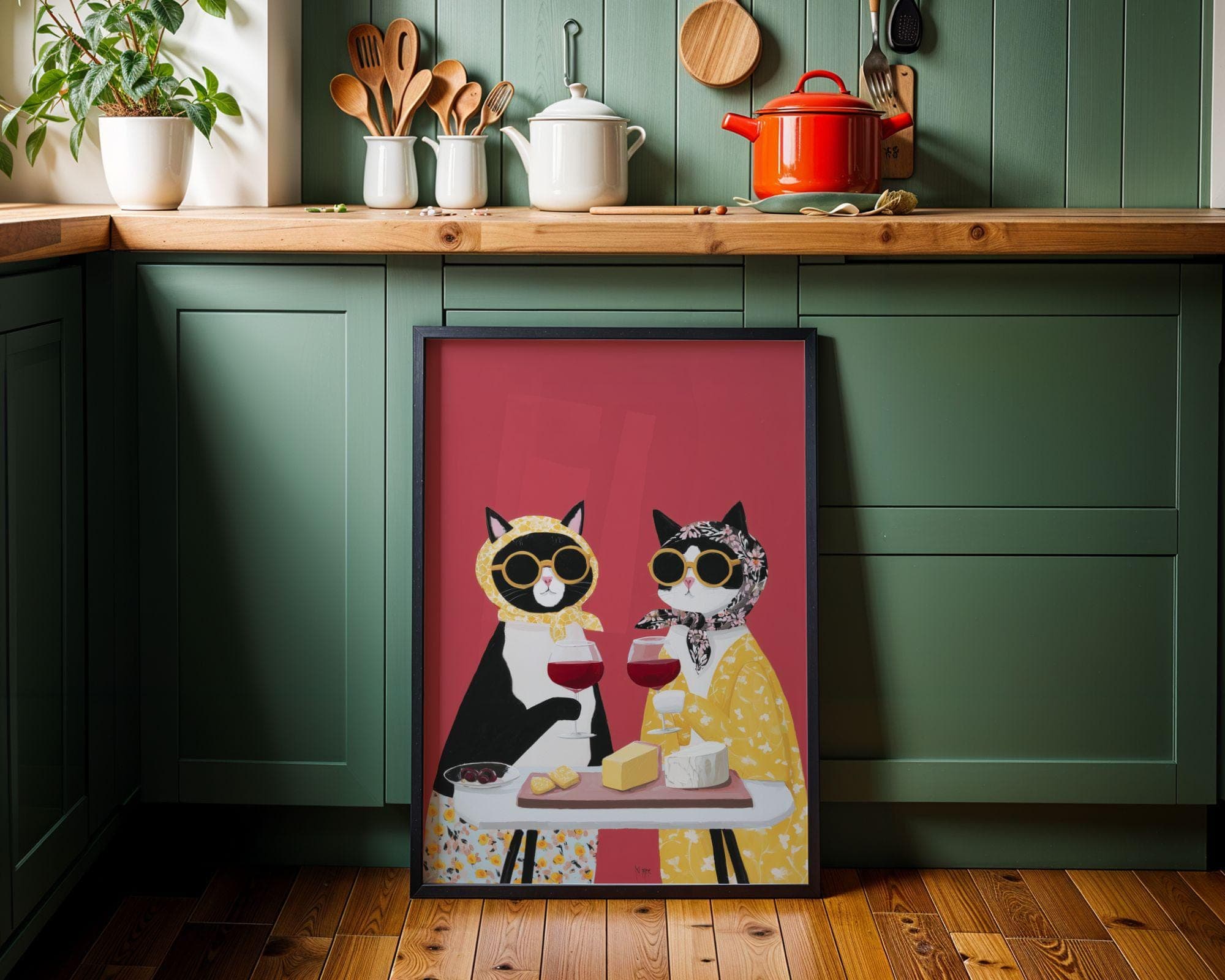 Funny Cat Couple Wine Wall Art, Quirky Cats Kitchen Decor, Pop Art Cat Couple Print - view 5