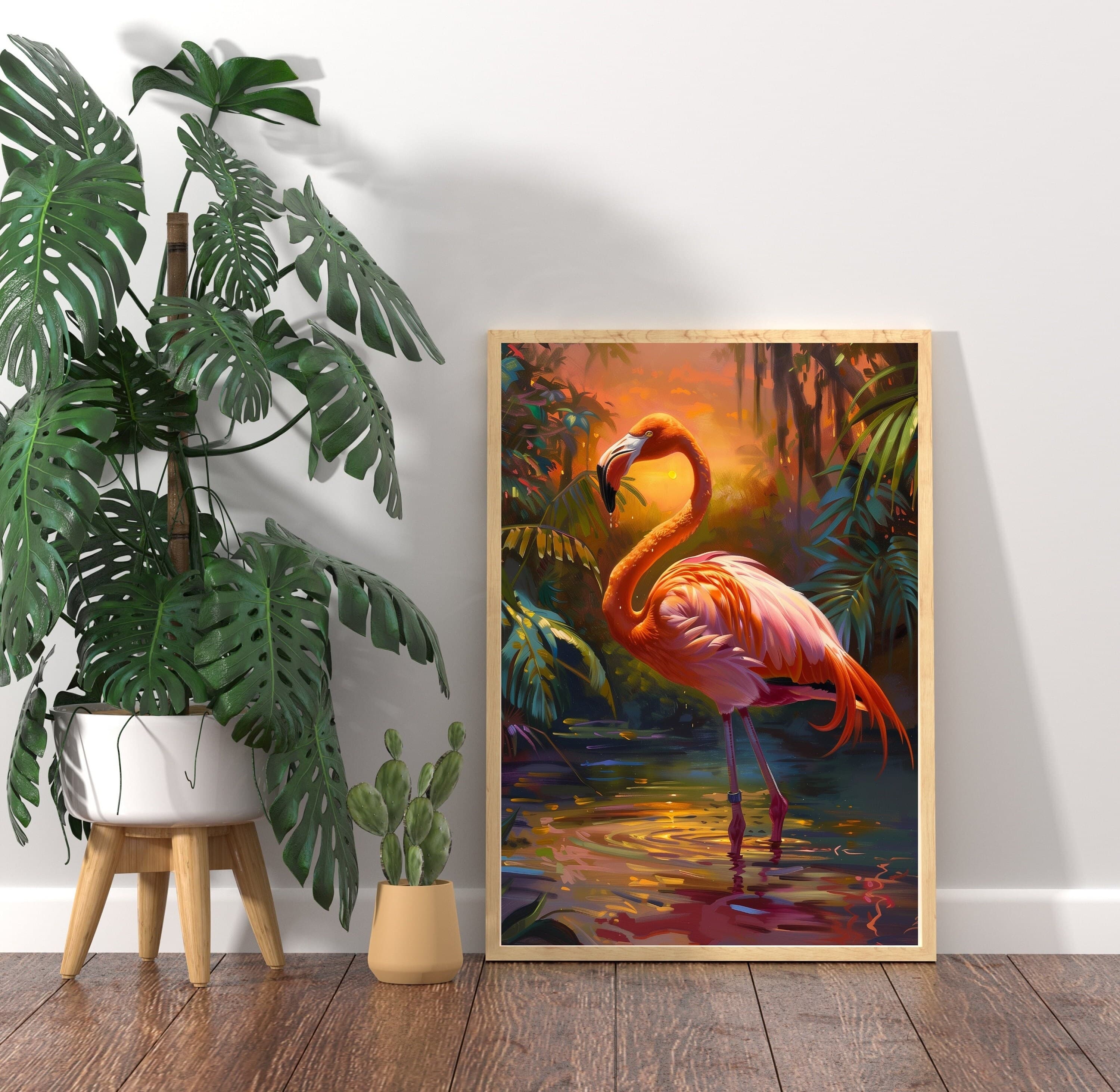 Flamingo Sunset Poster, Oil Painting, Printable Flamingo Wall Art, , Flamingo Print, Tropical Bird Sunset Print, Flamingo Digital Print - view 4