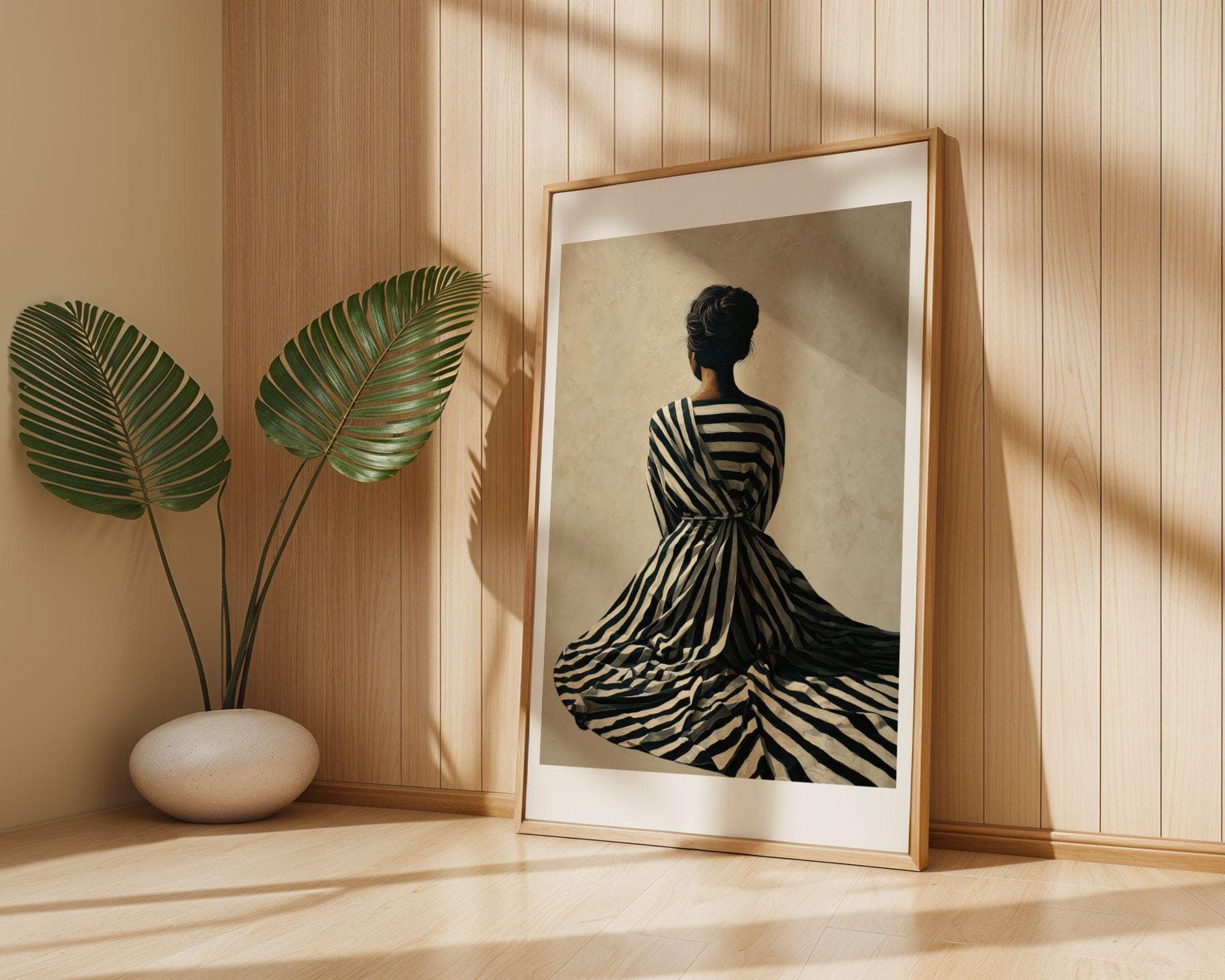 Black Woman Wall Art, Fashion Portrait, Neutral Tone Wall Art, Striped Dress Woman Print, Chic Fashion Illustration Print, Modern Aesthetic - view 3