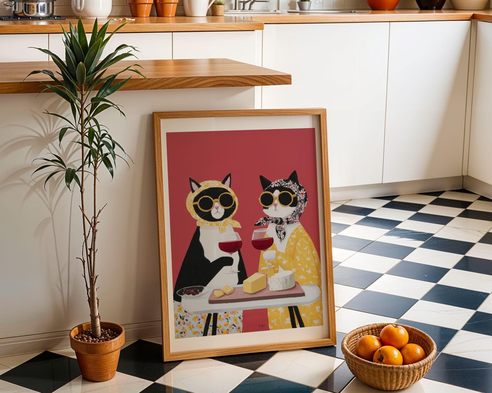 Funny Cat Couple Wine Wall Art, Quirky Cats Kitchen Decor, Pop Art Cat Couple Print - view 4