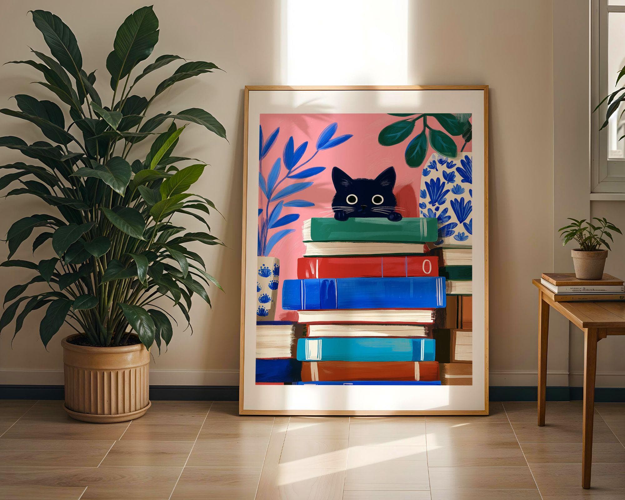 Whimsical Black Cat Wall Art, Book Lover Cat Art, Playful Black Cat Poster, Funny Black Cat Digital Painting, Pink Aesthetic Black Cat Decor - view 5