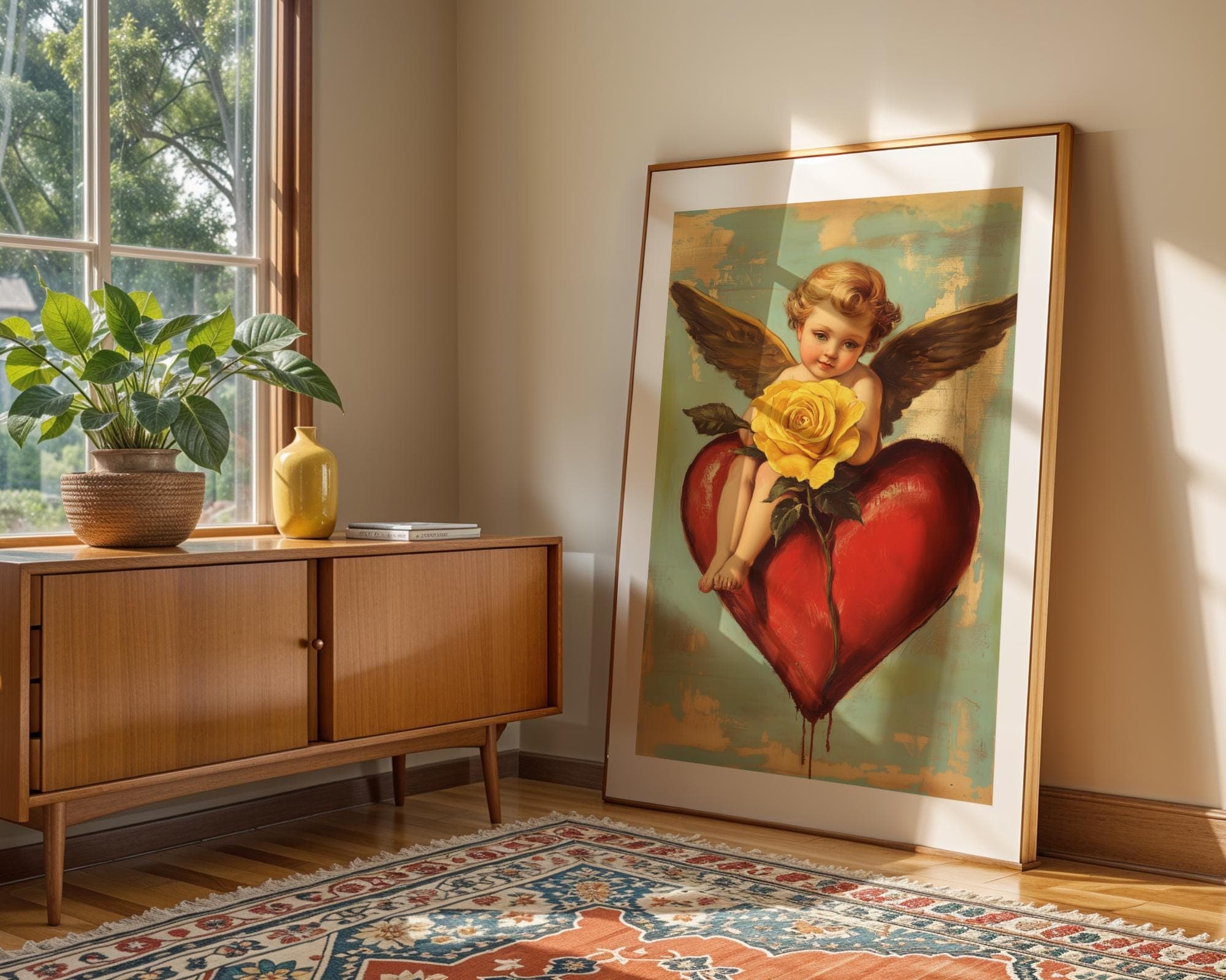 Romantic Angel Digital Print, Yellow Rose and Angel Art, Vintage Cherub Art Print, Valentine's Day Wall Decor, Coquette Room Decor, Digital - view 3