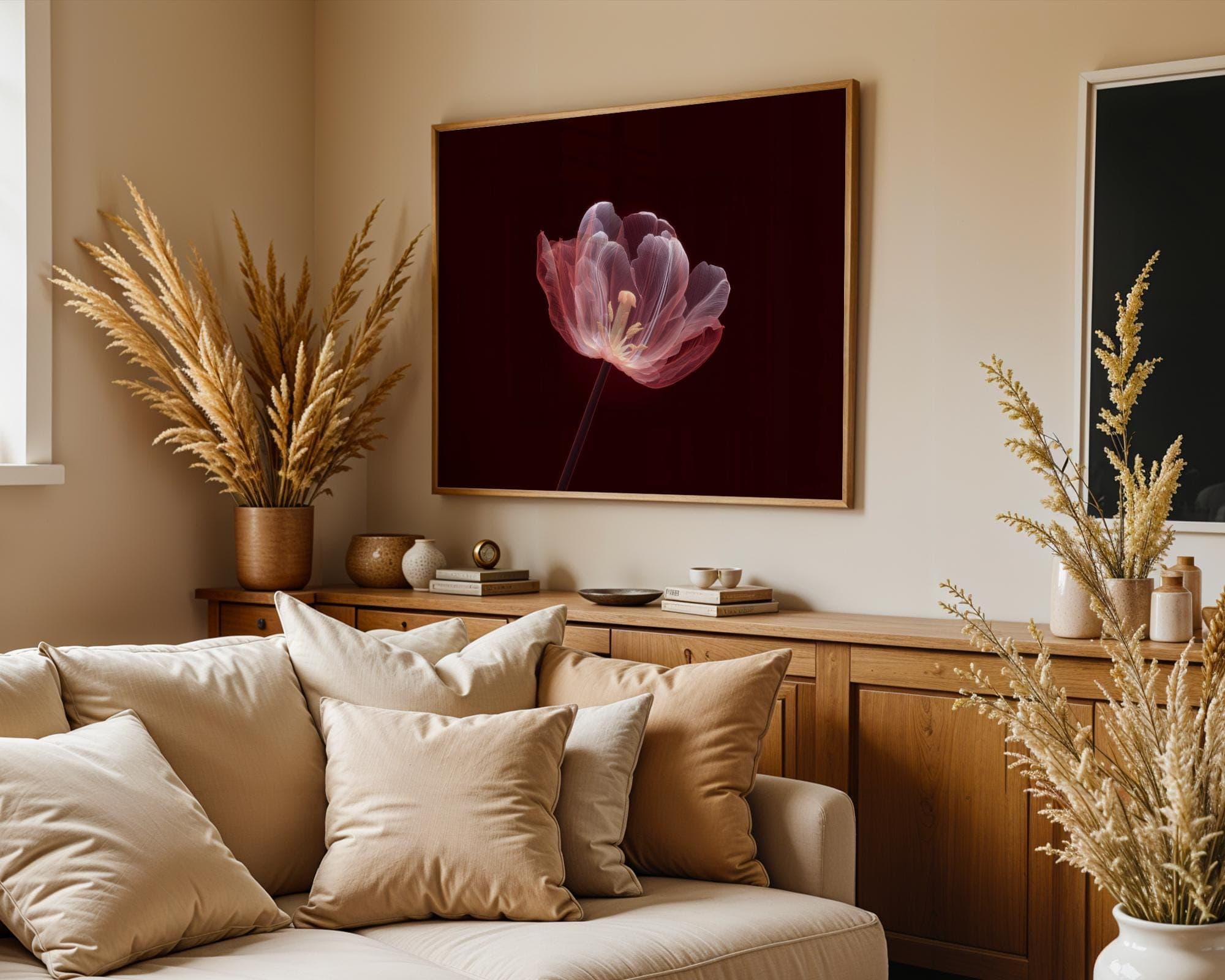 Red Tulip Flower Wall Art X-Ray Botanical Print, Moody Floral Print, Deep Burgundy Background, Pink Flower Wall Art, Tulip Art Print - view 4
