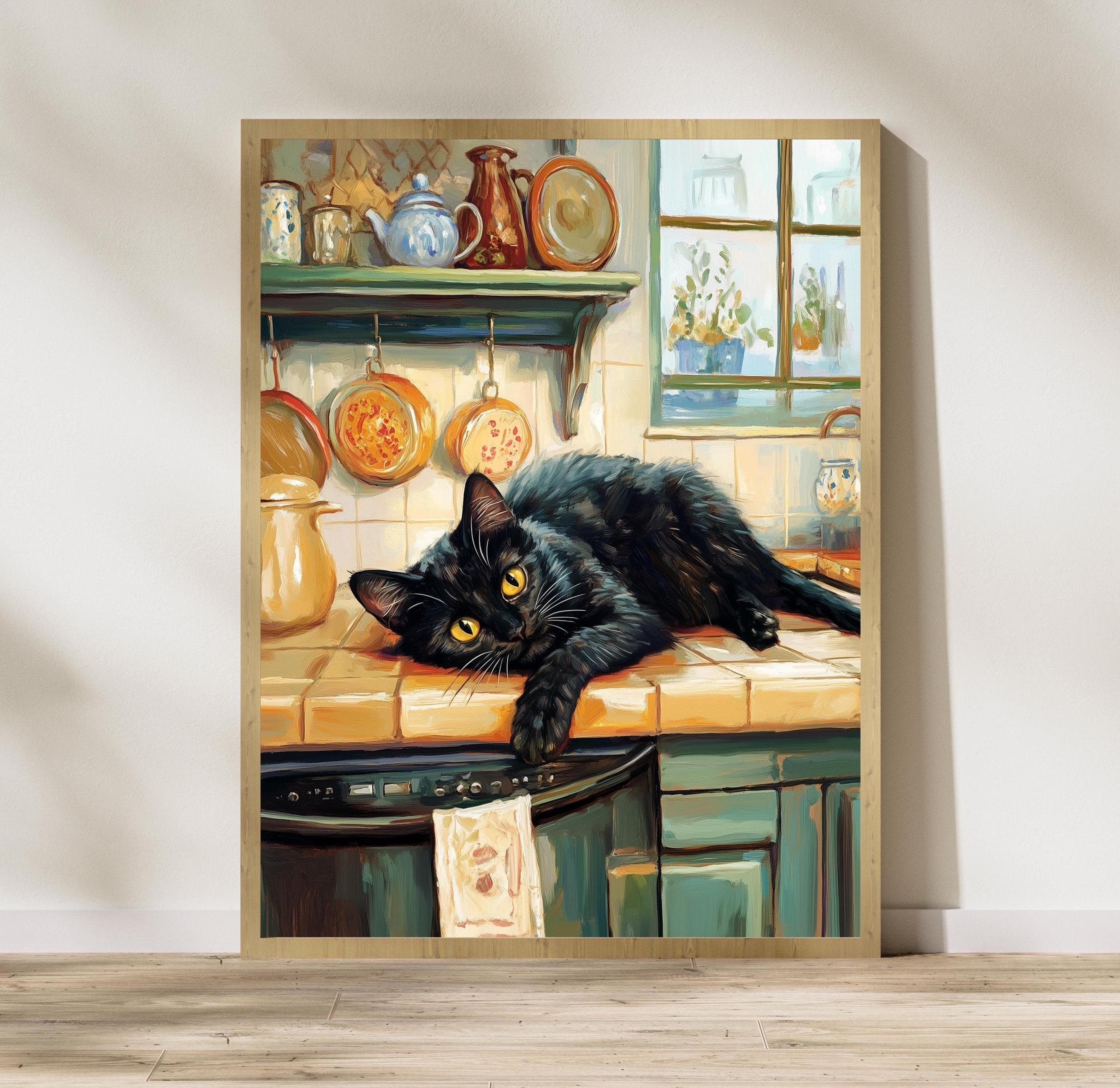 Cozy Kitchen Art, Black Cat Painting, Rustic Home Decor, Black Cat Painting, Farmhouse Kitchen Wall Art, Whimsical Black Cat Art, Cat Poster