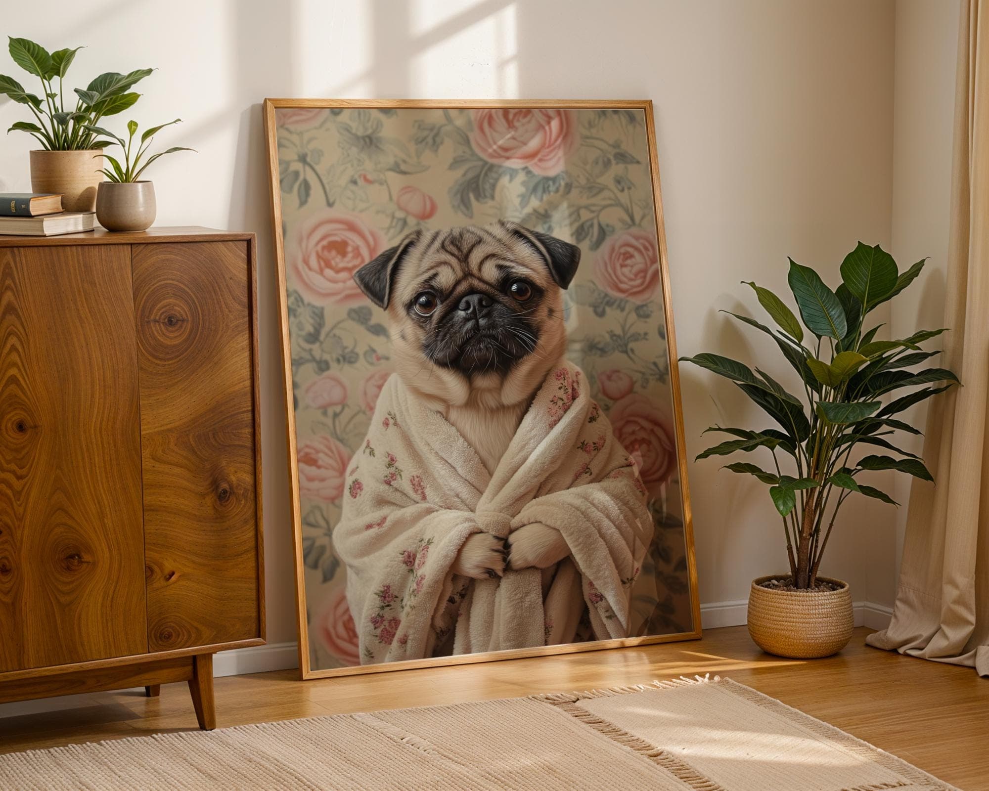 Pug in Bathrobe DIGITAL DOWNLOAD, Dog Printable Wall Art, Floral Dog Print, Funny Pet Decor, Dog Lover Gift, Retro Dog Poster, Funny Pug Art - view 6