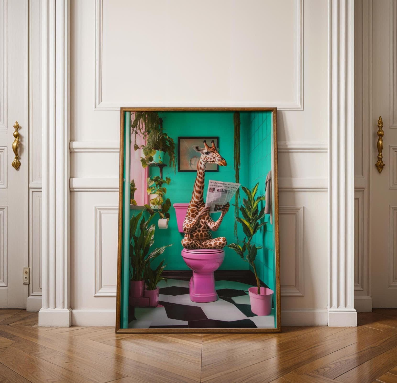 Funny Giraffe Bathroom Art Giraffe on toilet Funny Bathroom Decor, Printable Digital Download, Funky Pink Toilet Art, Quirky Animal Art