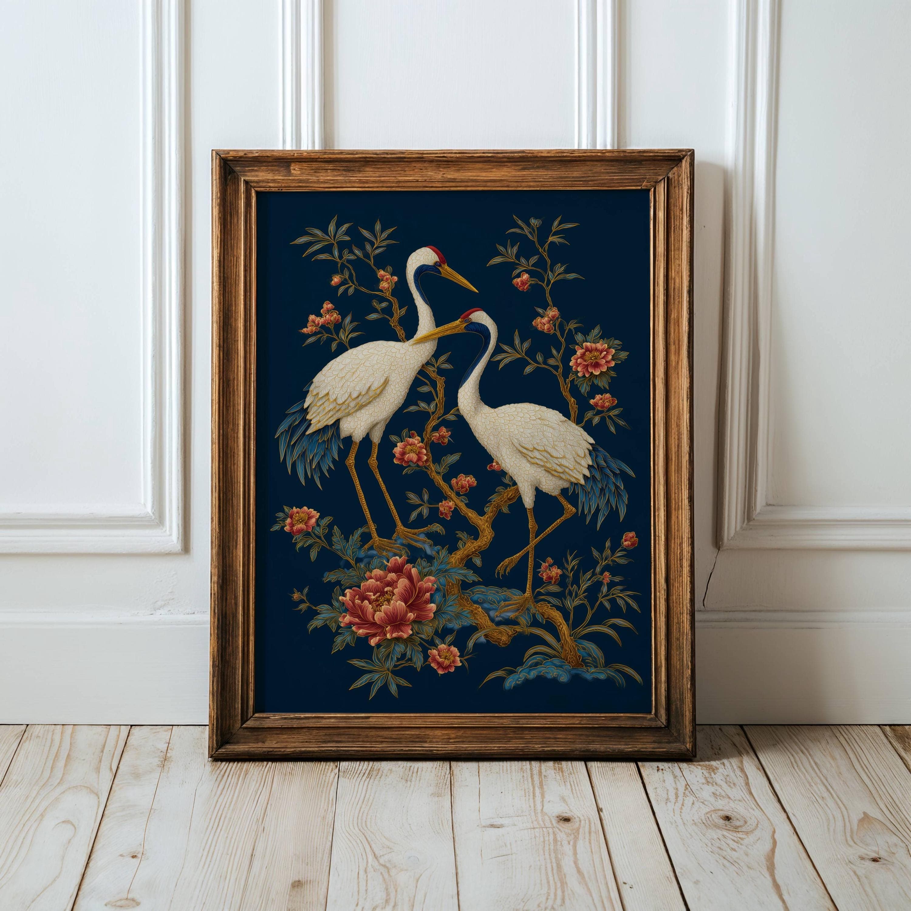 Gold Crane Wall Art Blue Oriental Decor, Japanese Crane Wall Art Print, Gold Asian Bird Painting, Oriental Floral Decor, Japandi Crane Art