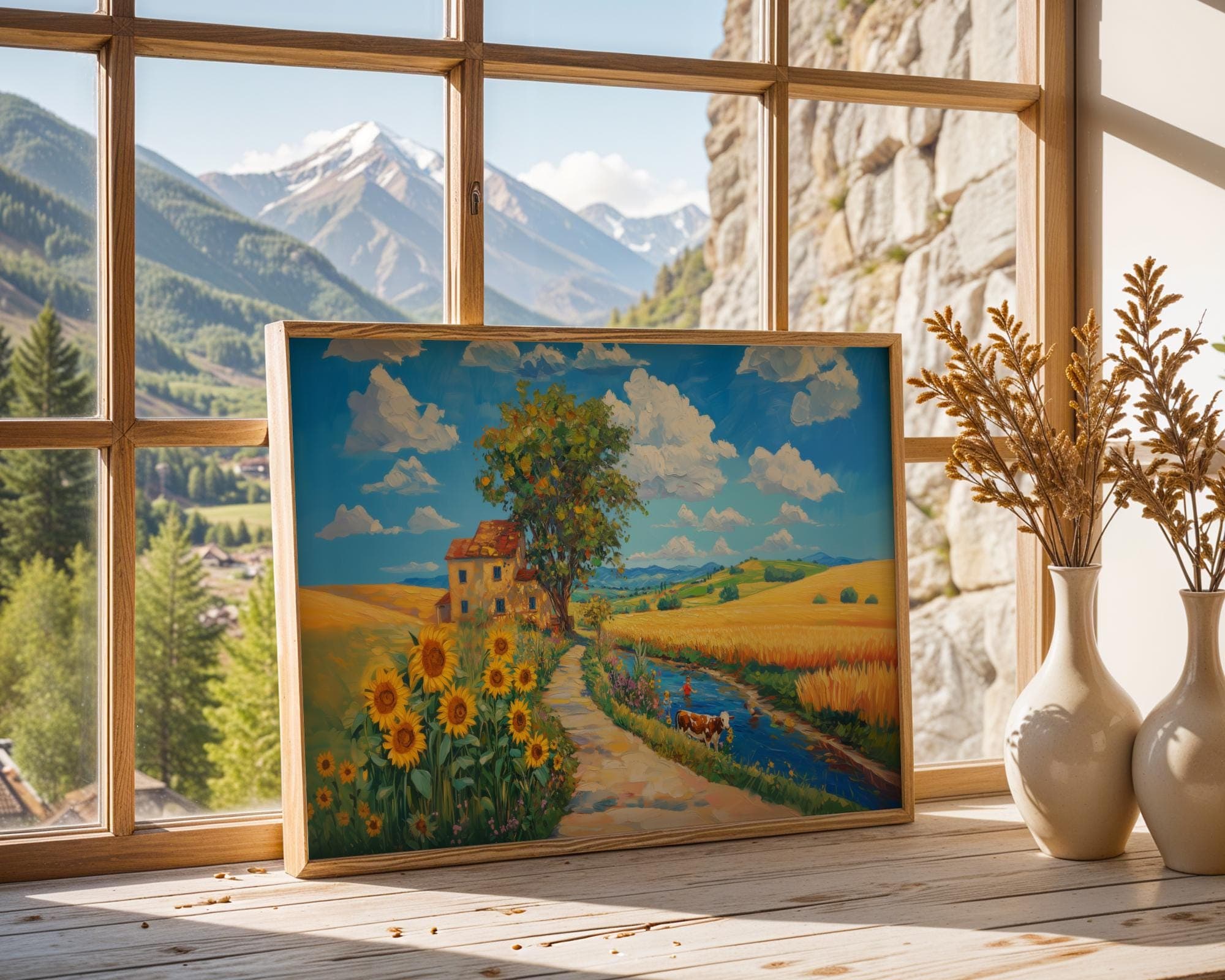 Sunflower Field Country Landscape Wall Art, River and Cow Summer Painting, Rustic Farmhouse Print for Kitchen or Cottage Style Decor - view 7