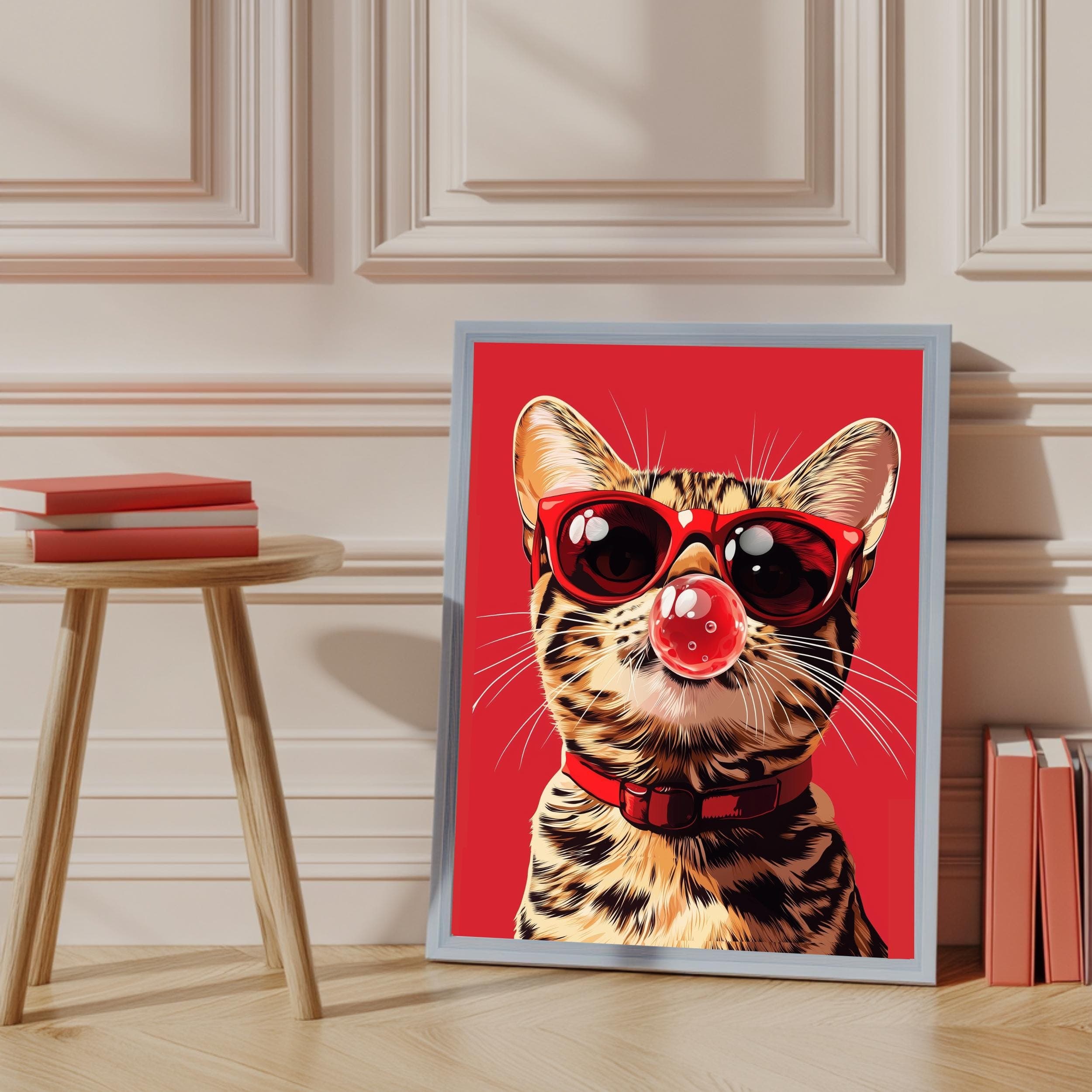 Pop Art Cat with Bubblegum Print, Cool Cat Digital Download, Quirky Red Background Digital Illustration, Trendy Bubblegum Cat Digital Art - view 4