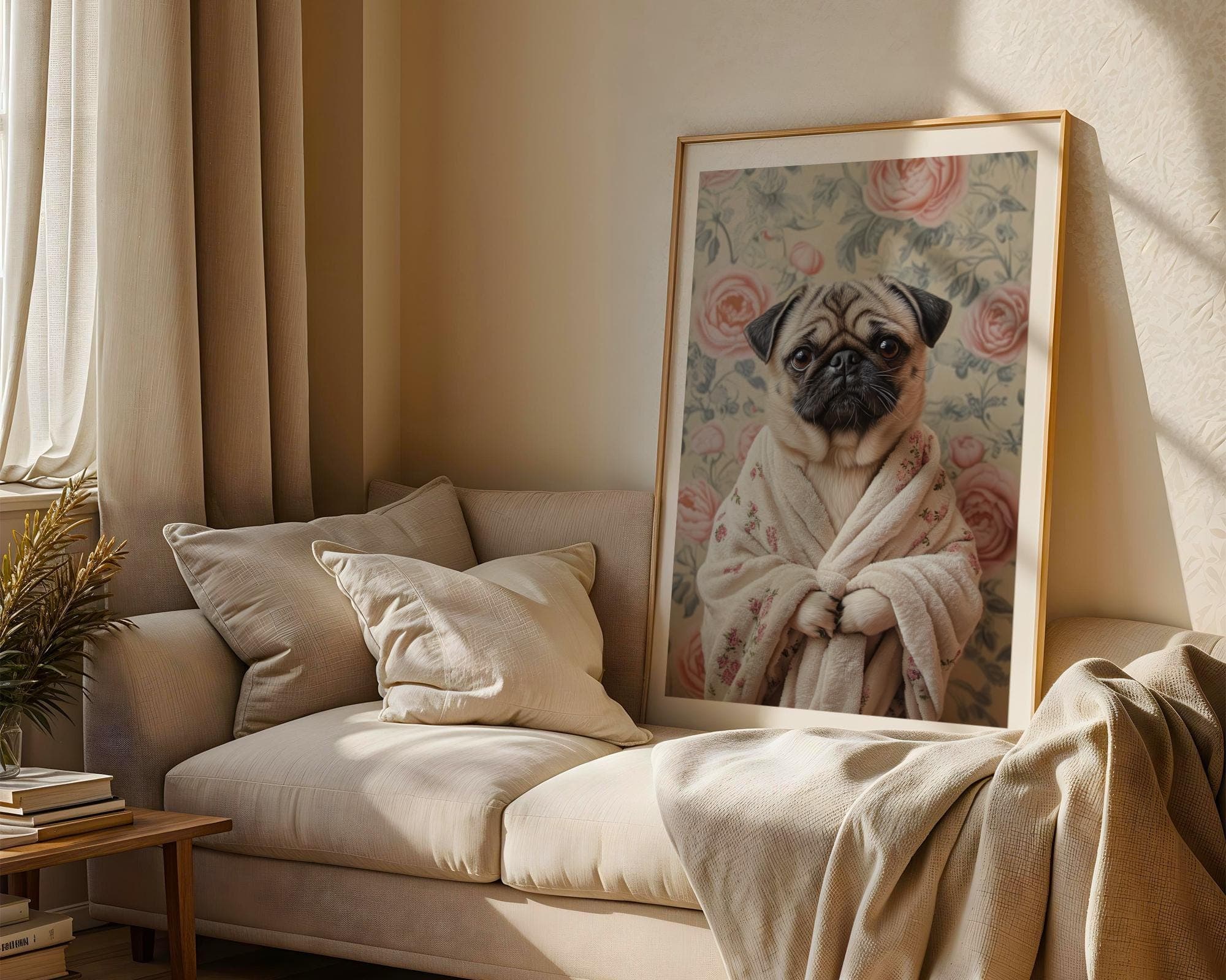 Pug in Bathrobe DIGITAL DOWNLOAD, Dog Printable Wall Art, Floral Dog Print, Funny Pet Decor, Dog Lover Gift, Retro Dog Poster, Funny Pug Art - view 5