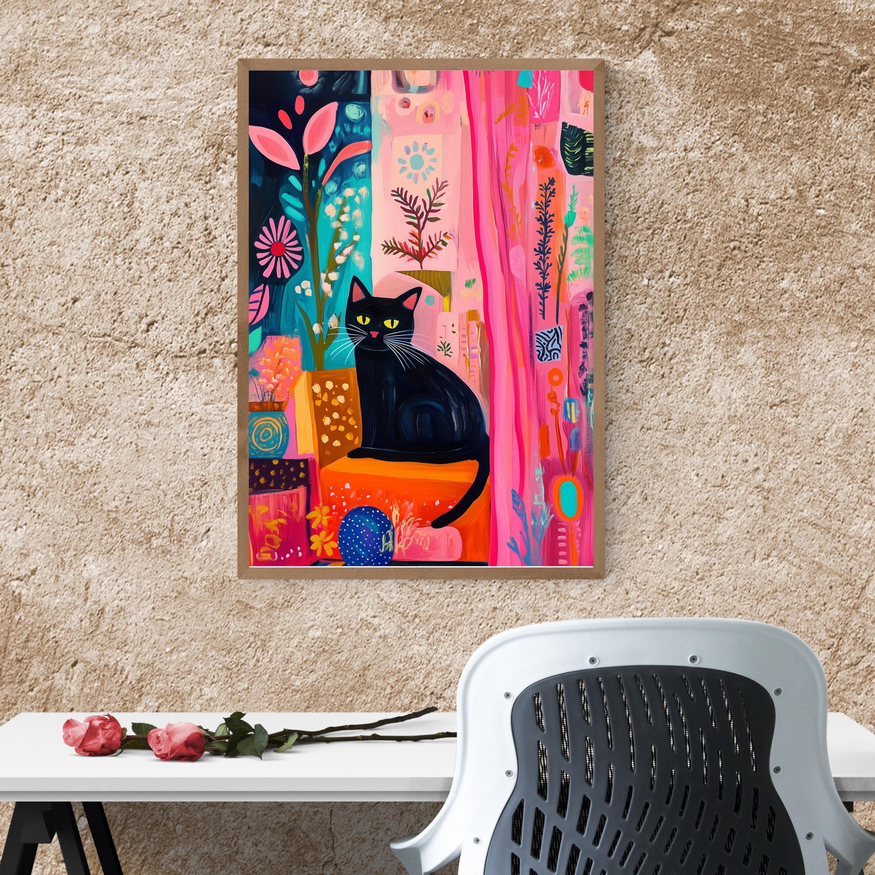 Black Cat with Bright Florals Poster,  Pink and Teal Art Print, Colorful Black Cat Art, Preppy Room Decor, Abstract Black Cat Poster - view 2