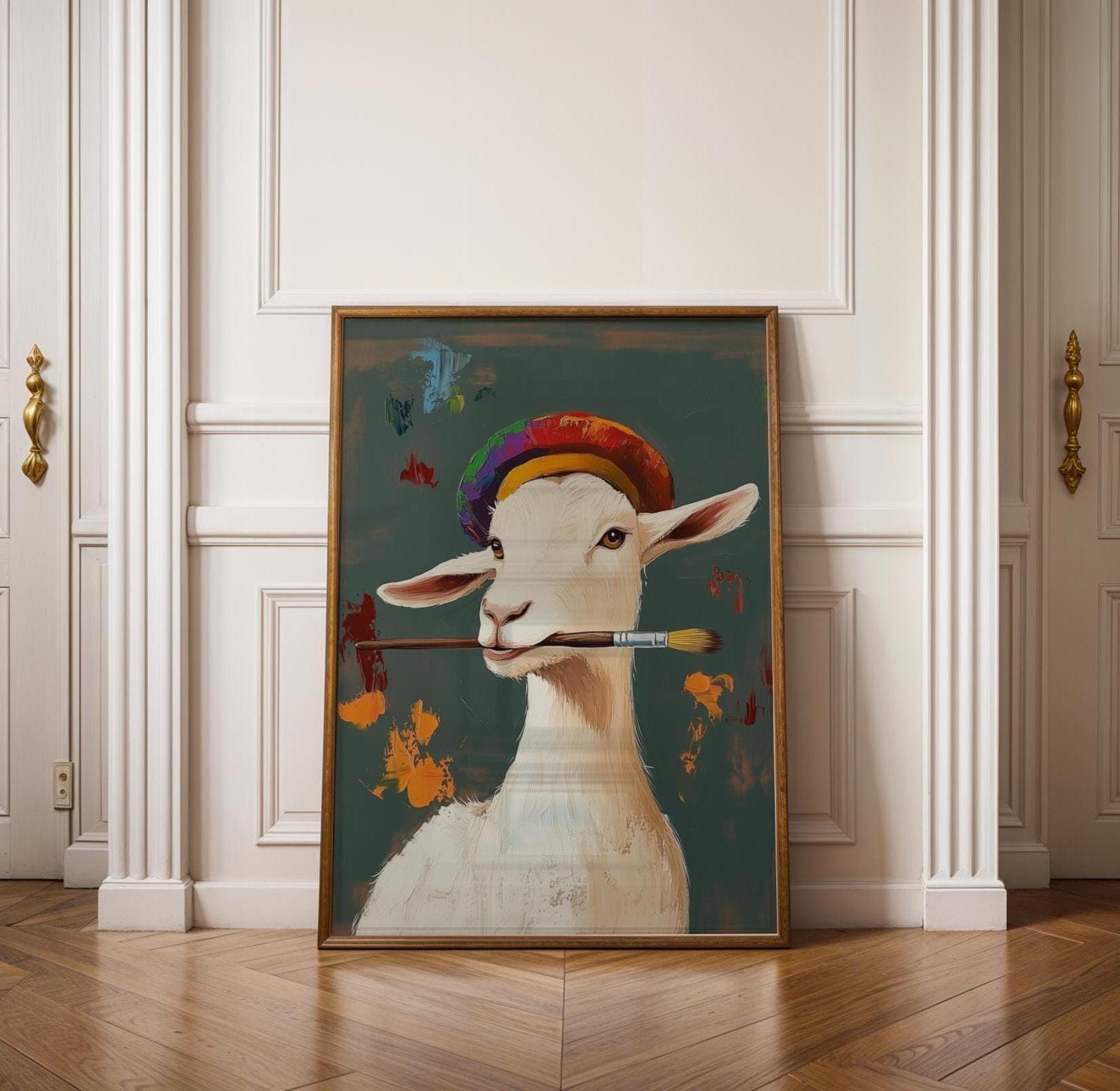 Funny Goat Wall Art, Funny Printable Art for Studio, Painter Goat Decor, Digital Farm Animal Print, Dark Background Farm Decor, Goat Art