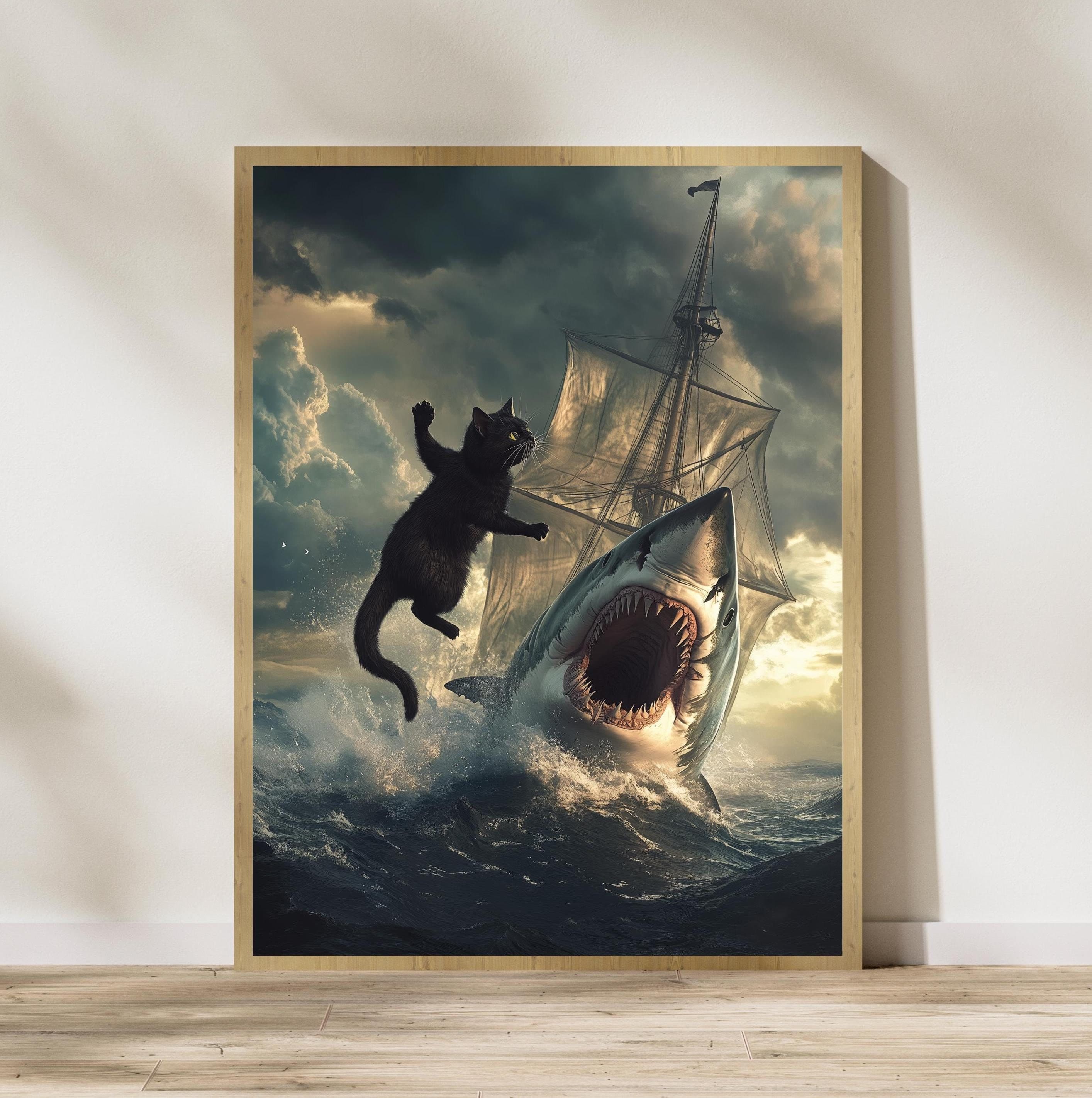 Black Cat in a Sea Battle with Shark Wall Art, Stunning Digital Wall Art, Maximalist Cat and Shark Wall Art, Funny Black Cat Wall Decor