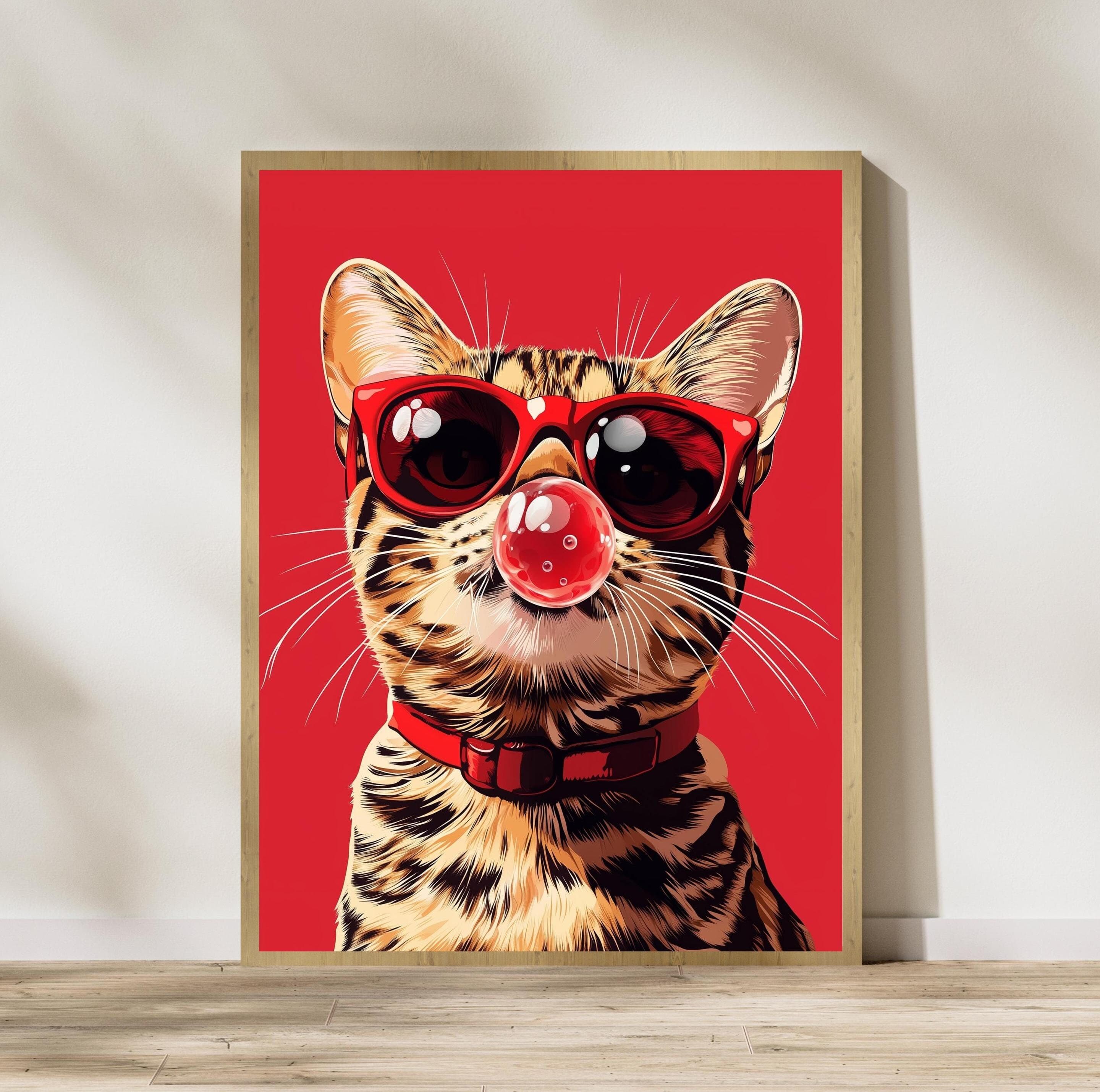 Pop Art Cat with Bubblegum Print, Cool Cat Digital Download, Quirky Red Background Digital Illustration, Trendy Bubblegum Cat Digital Art