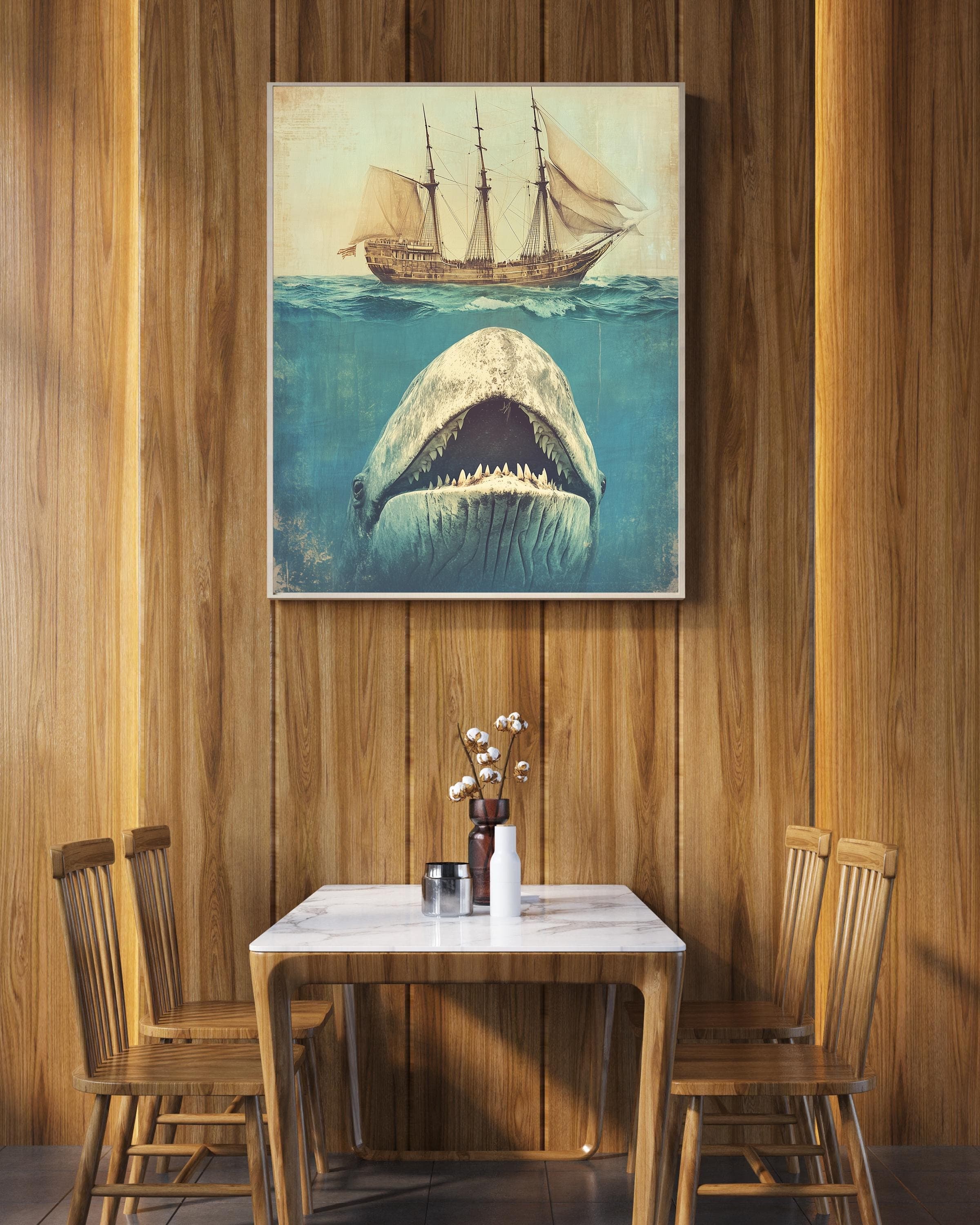 Whale Art, Under the Sea Illustration, Retro, Sea Animals, Crude Area The Whale Large and Ship, Whale and Sail Art, Whale Print, WhalePoster - view 3