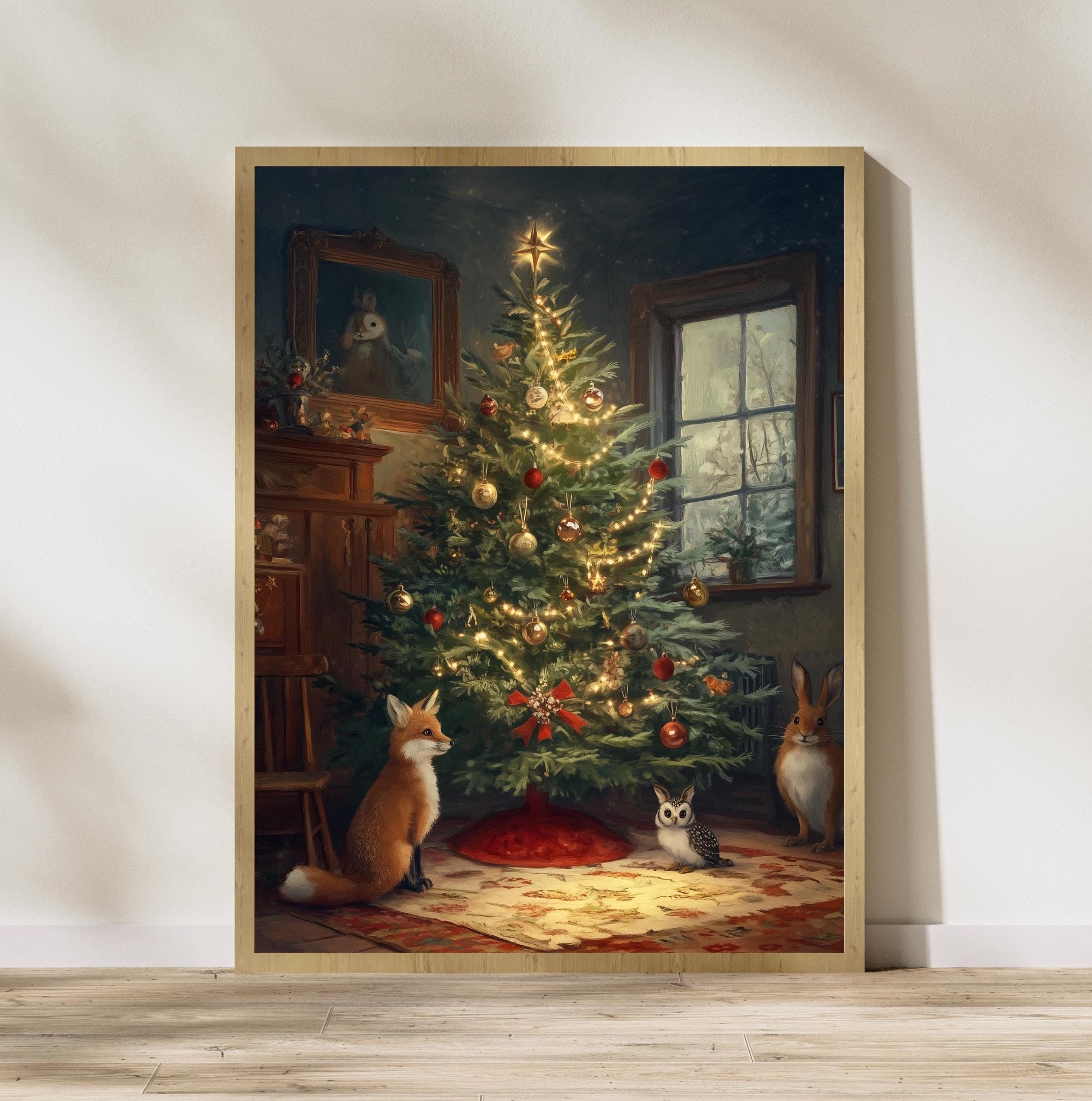 Whimsical Holiday Wall Art, Fox, Owl, Rabbit Art, Winter Wall Decor, Christmas Wall Gift, Woodland Holiday Art, Festive Art Print, Christmas