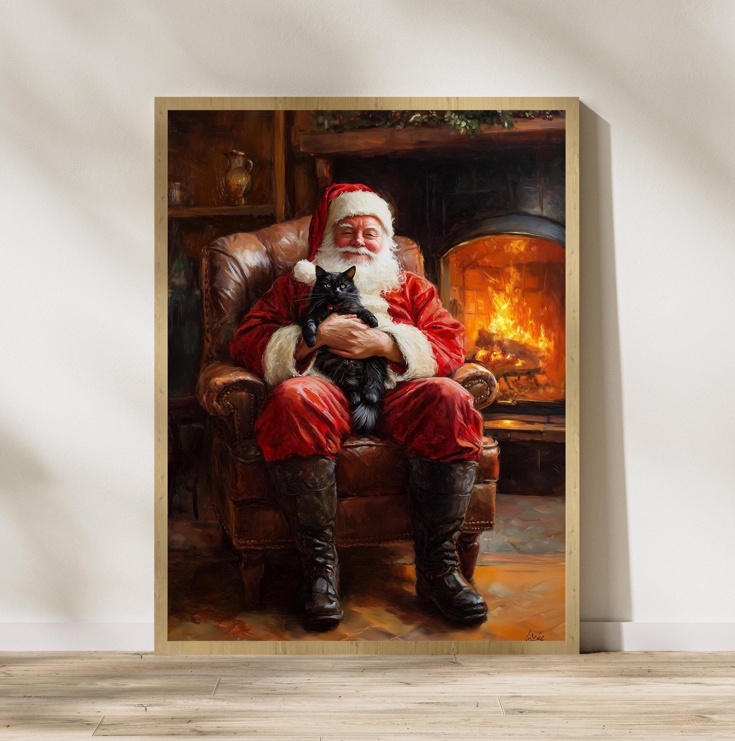 Santa Claus with Black Cat - Cozy Christmas Wall Art Print, Rustic Christmas Art, Warm Christmas Wall Art, Christmas Wall Decor, Digital Art