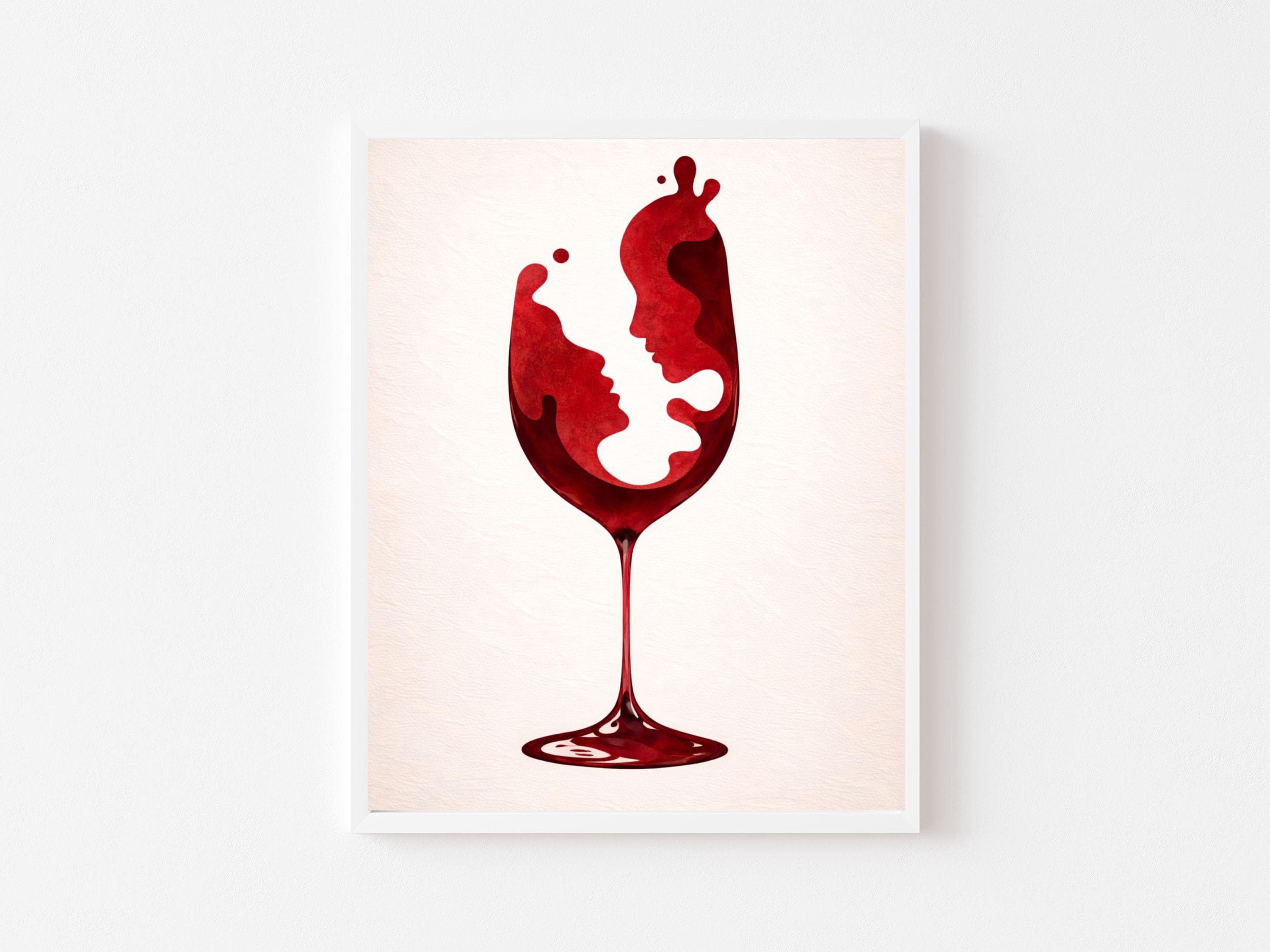 Red Wine Glass Wall Art Print, Romantic Couple Face Abstract Poster, Modern Dining Room Bar Decor, Minimalist Love Art, Bar Cart Decor - view 8
