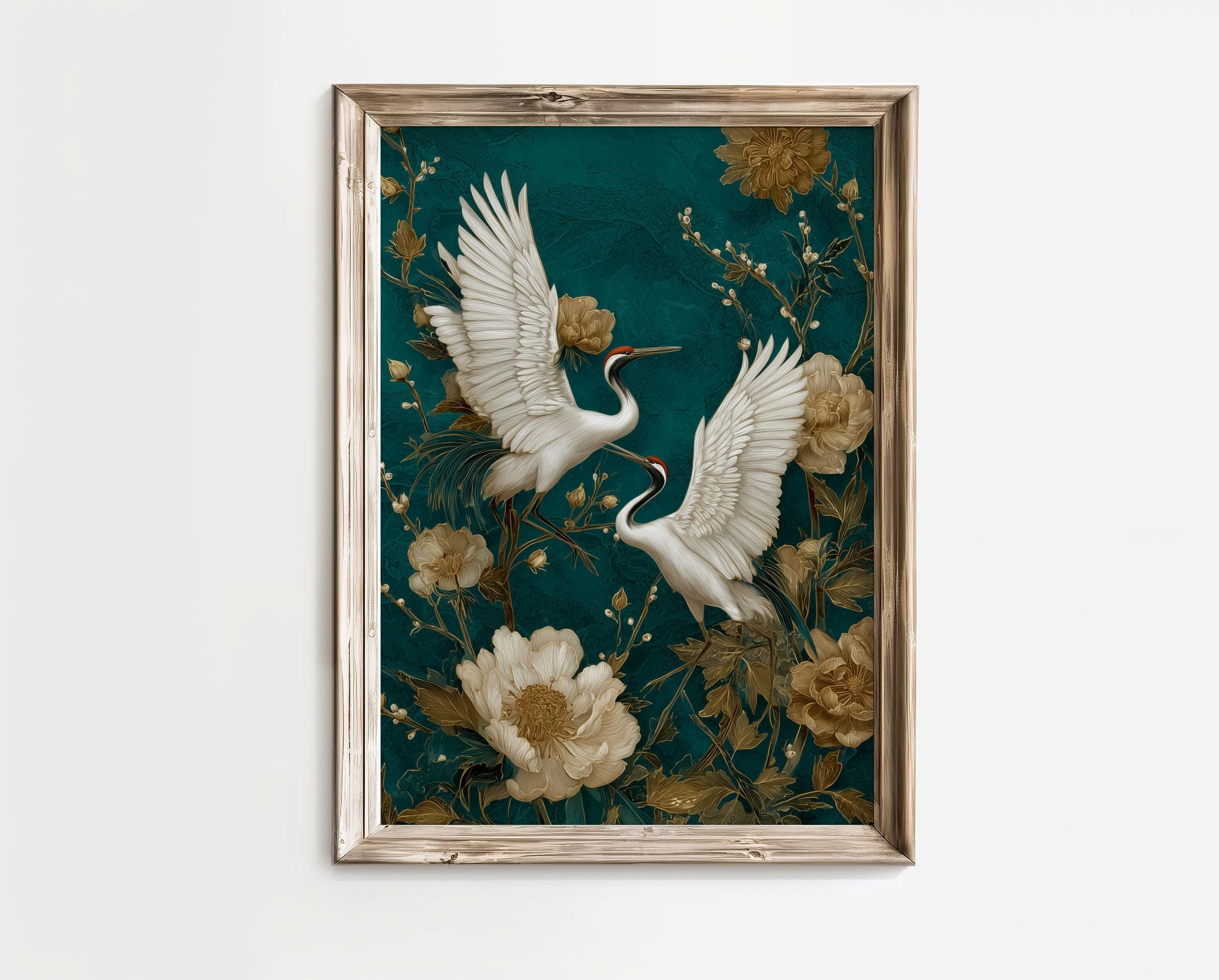 Crane Wall Art Teal Gold Oriental Decor, Japanese Crane Wall Art Print, Gold Asian Bird Painting, Teal Oriental Floral Decor, Japandi Decor - view 3