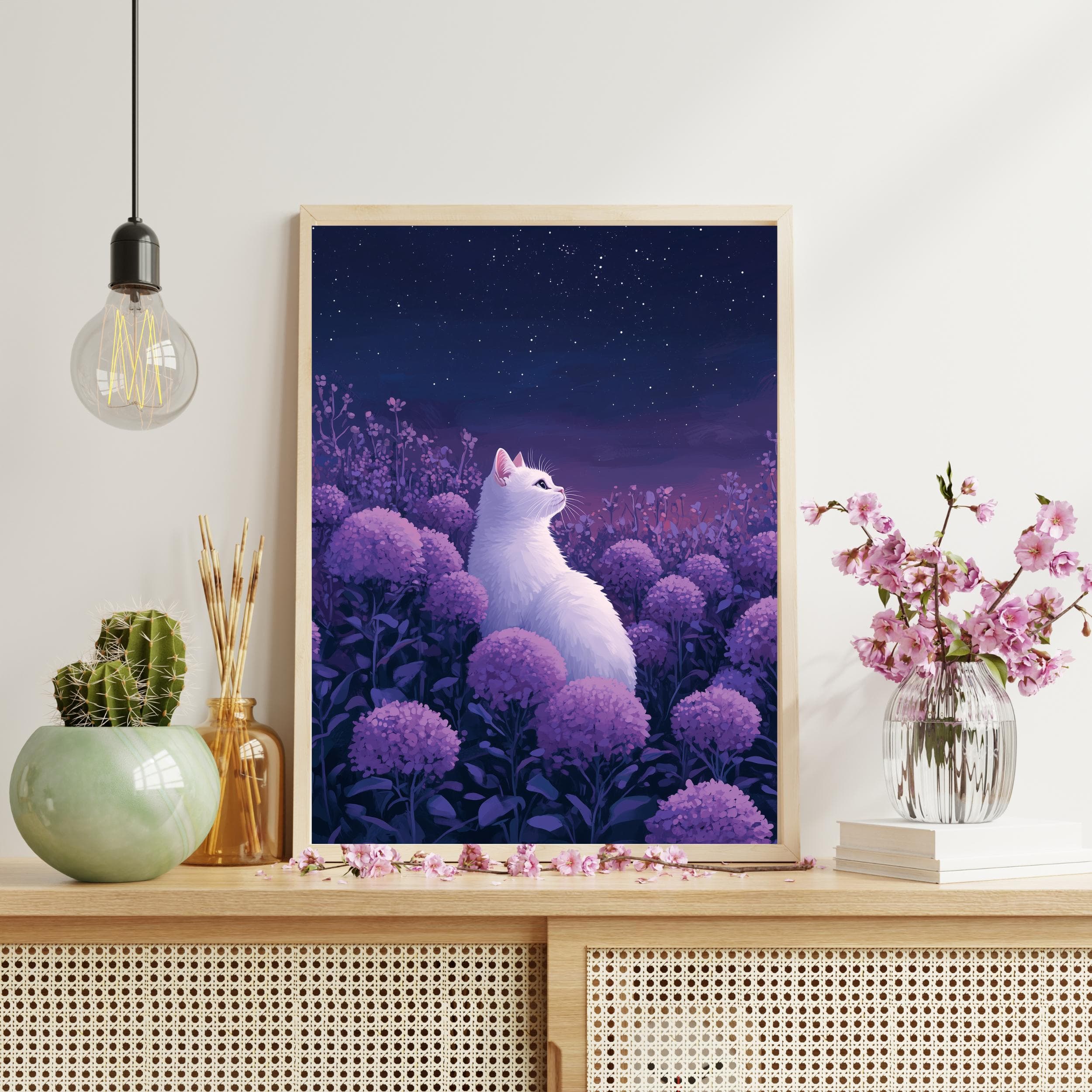 White Cat Under Starlit Sky - Purple Floral Art Print, Purple Floral Fantasy Art Print, White Cat with Lilac Flowers, White Cat Wall Print - view 4
