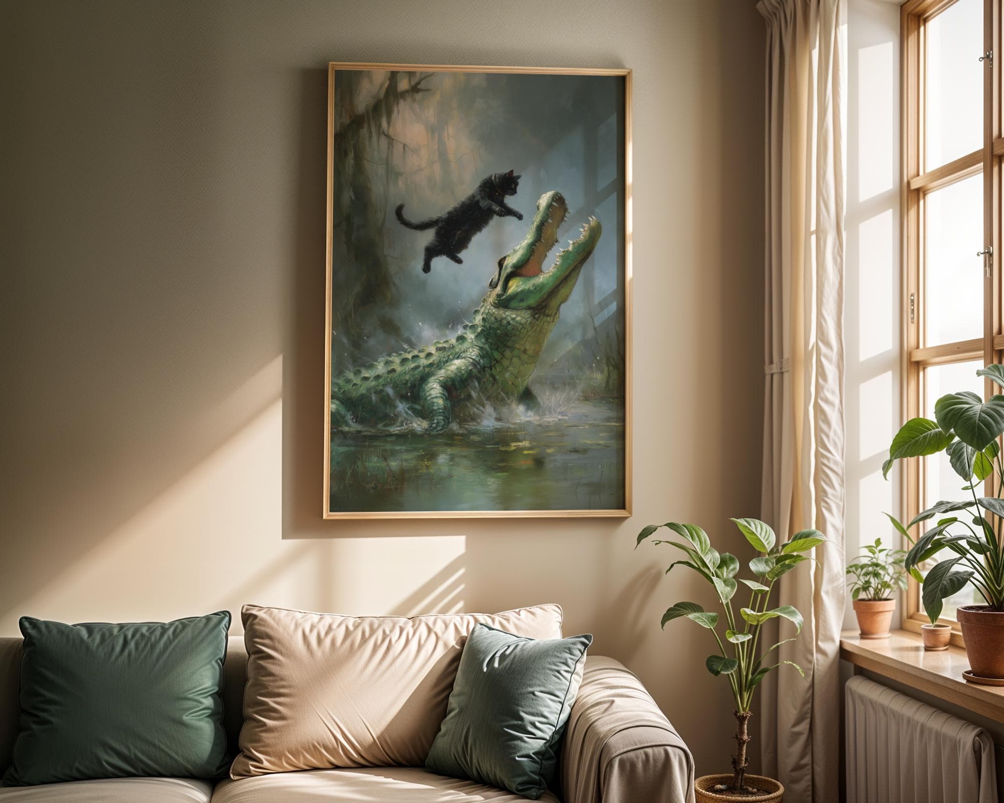 Fearless Cat vs Alligator – Fantasy Wildlife Wall Art, Heroic Cat Scene, Funny Black Cat Decor, Dramatic Digital Oil Style Wildlife Painting - view 3