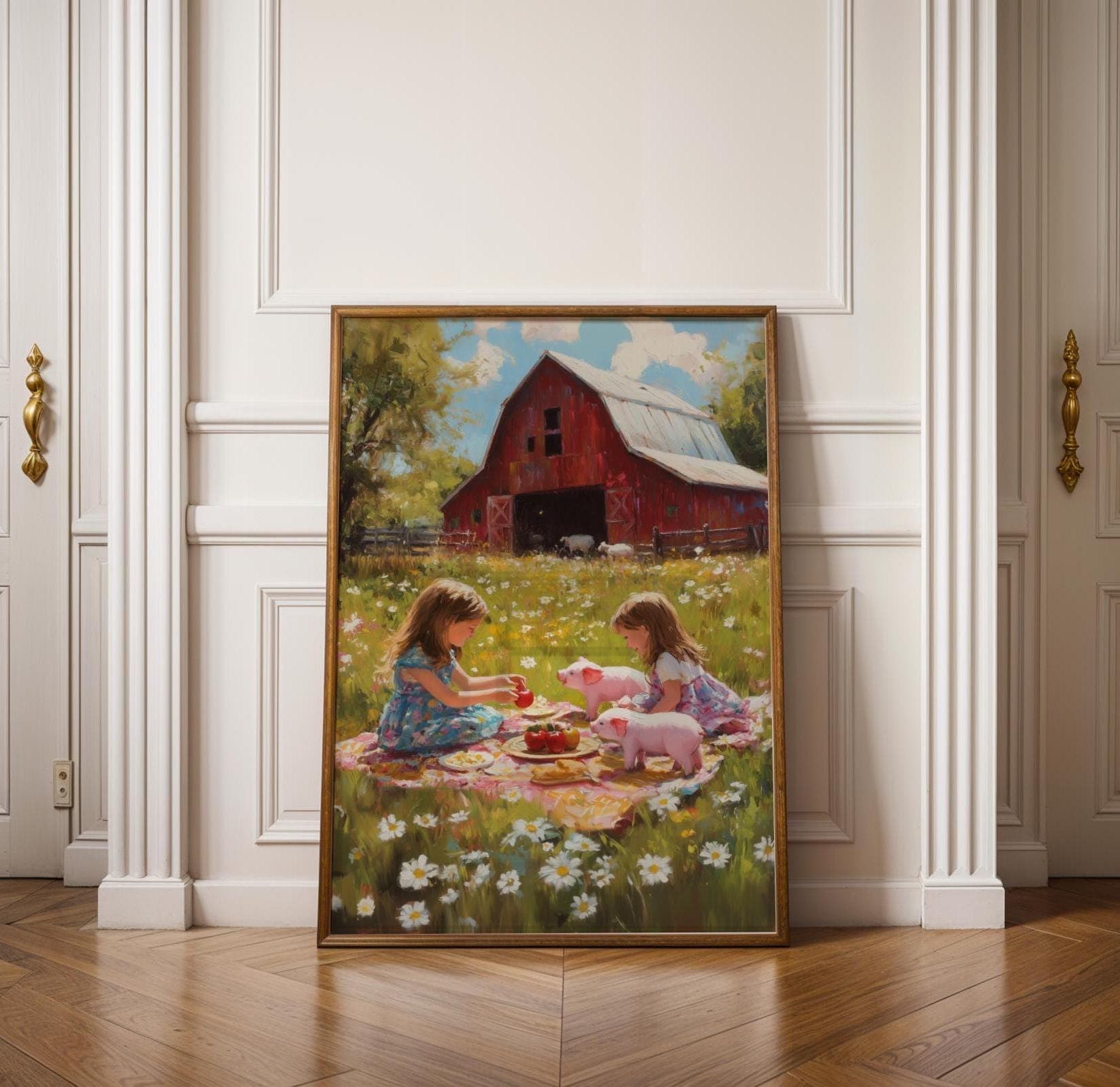 Farm Picnic Art Print, Vintage Farmhouse Nursery Print, Rural Pastoral Art, Whimsical Pastoral Kids Farm Print, Farm Girl Print, Printable