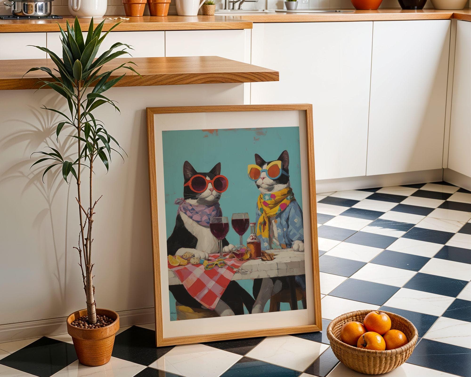 Funny Cat Couple Wall Art, Whimsical Cat Wine Print, Colorful Animal Painting, Dining Room Kitchen Decor, Stylish Pet Art, Quirky Cat Decor - view 7