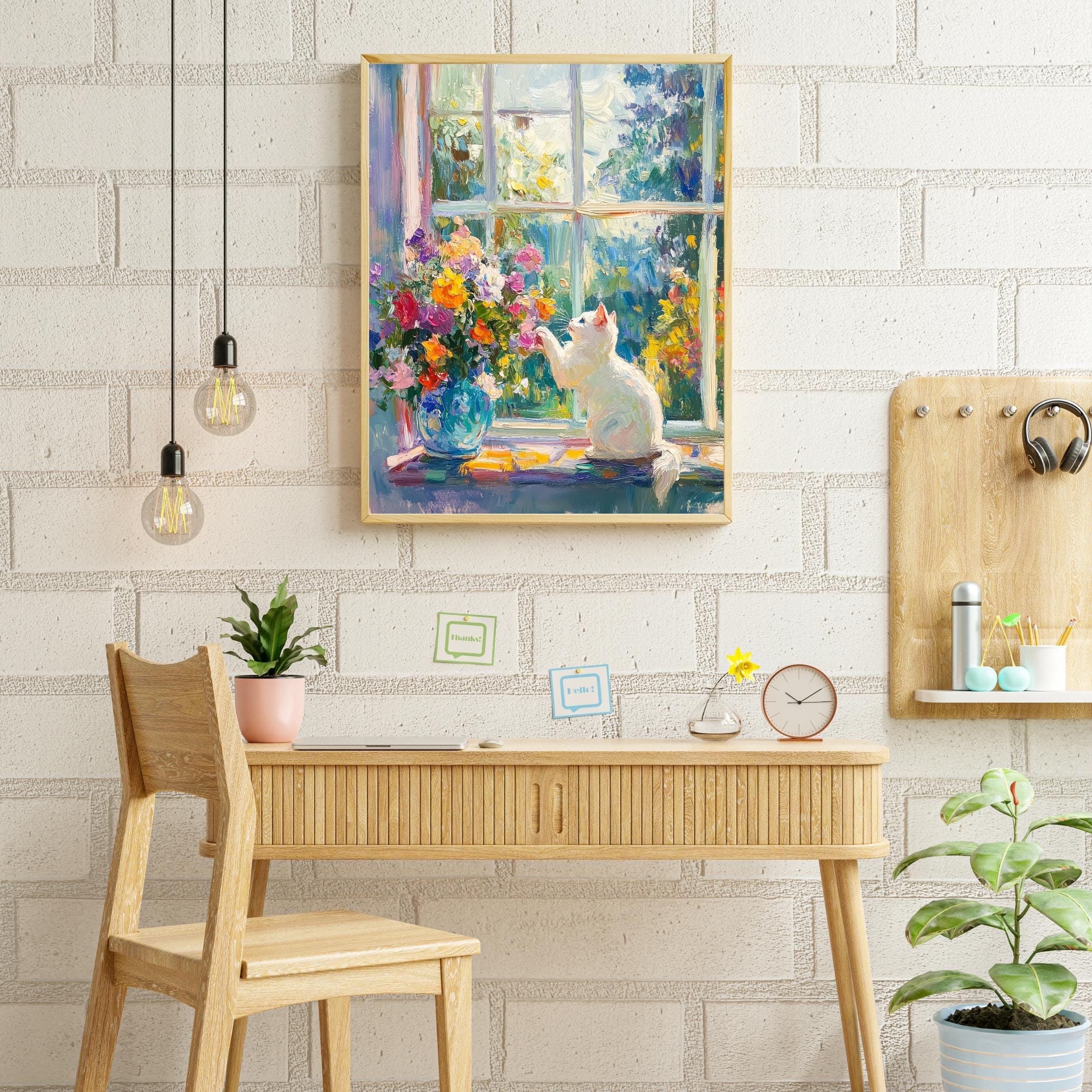 White Cat with Colorful Flowers Art Print, Matisse Style Oil Painting, Colorful Kitchen Decor, Cat Mom Gift, White Cat Painting, Cat Poster - view 6