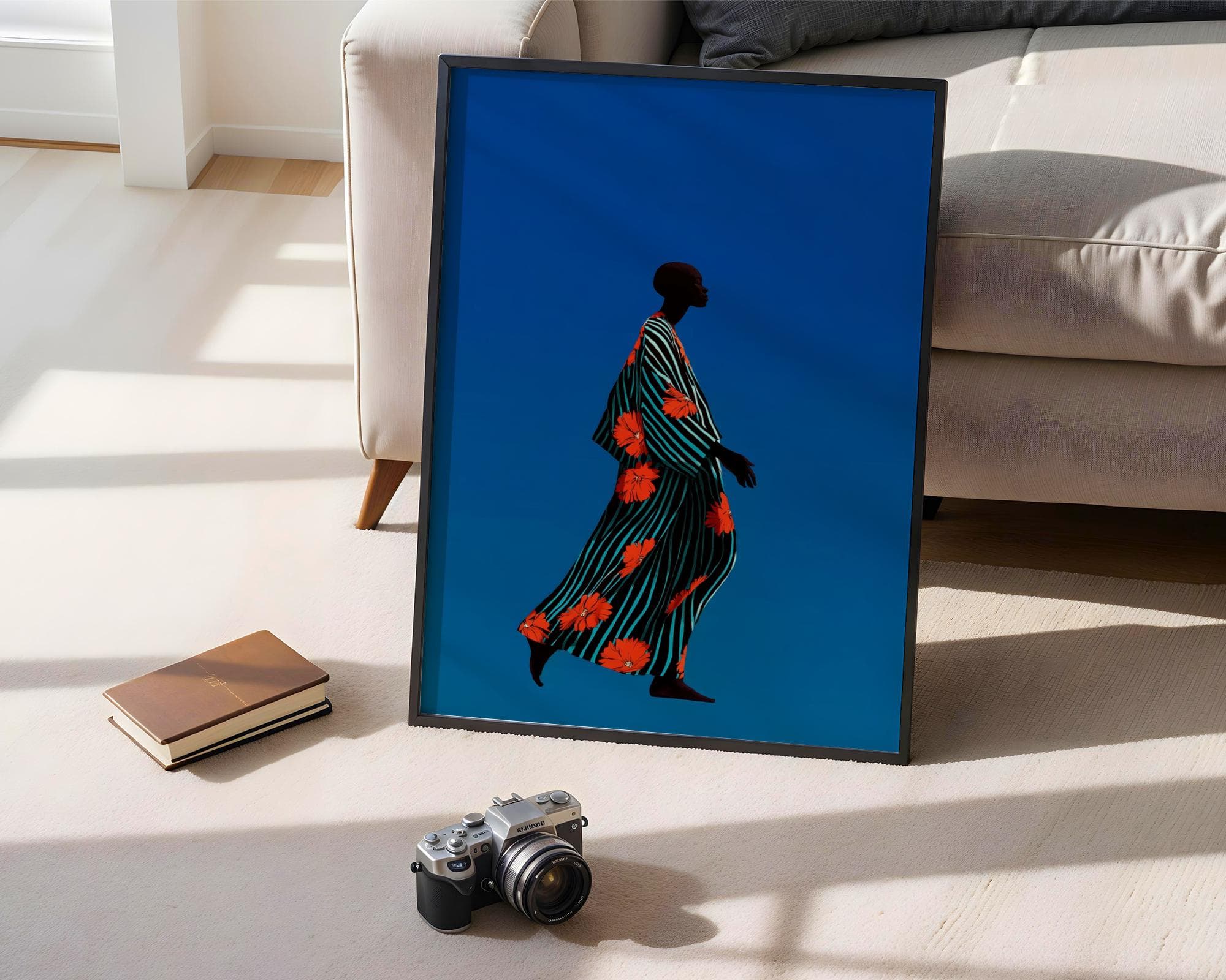 Minimalist Print Art, Contemporary Art, Ethnic Print Art, Modern African Woman Wall Art, African Woman in Striped Floral Dress, African Art - view 3