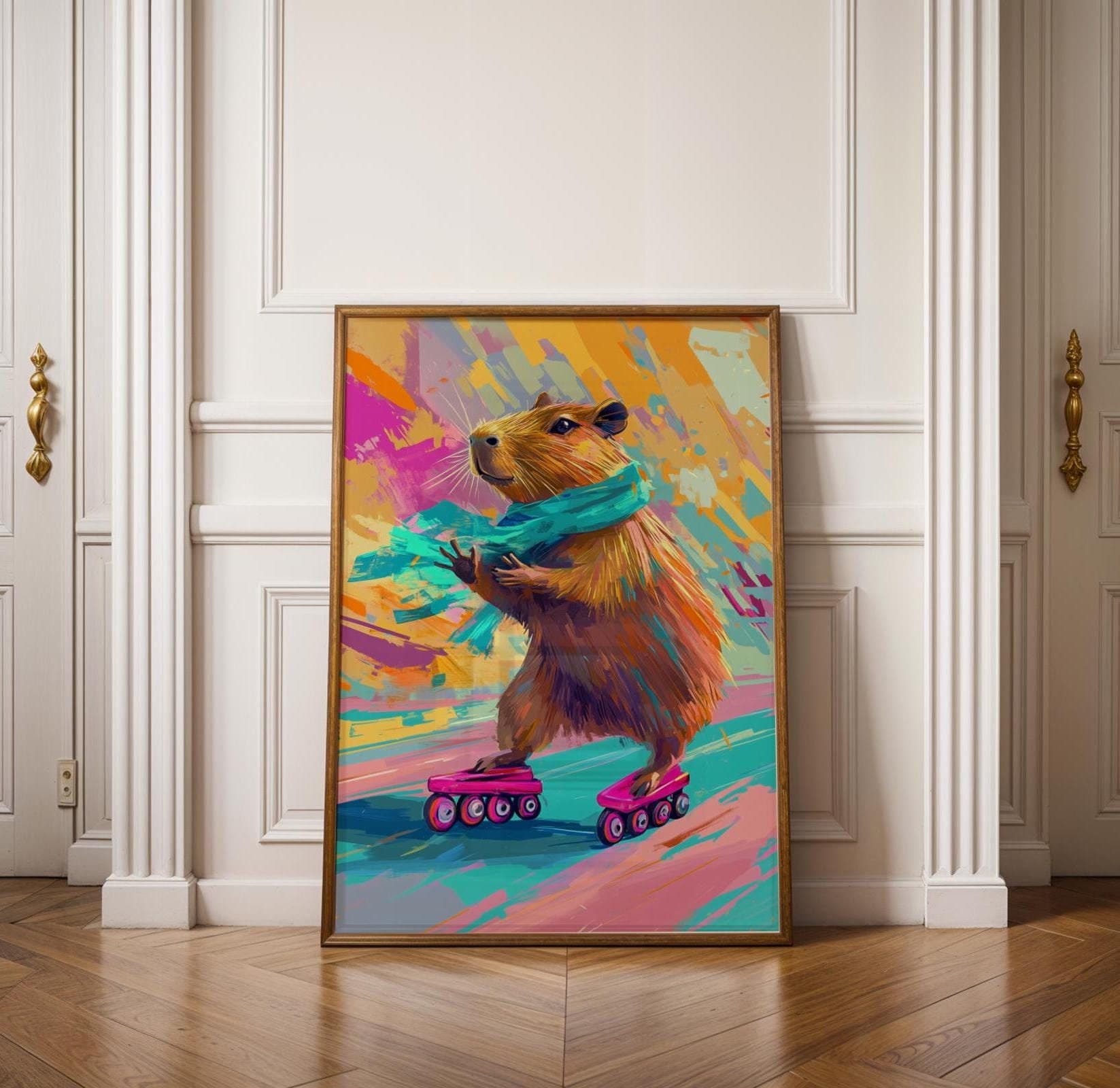 Colorful Capybara Roller Skating Wall Art, Quirky Animal Poster, Digital Download, Capybara Skater Painting, Funky Roller Skating Poster