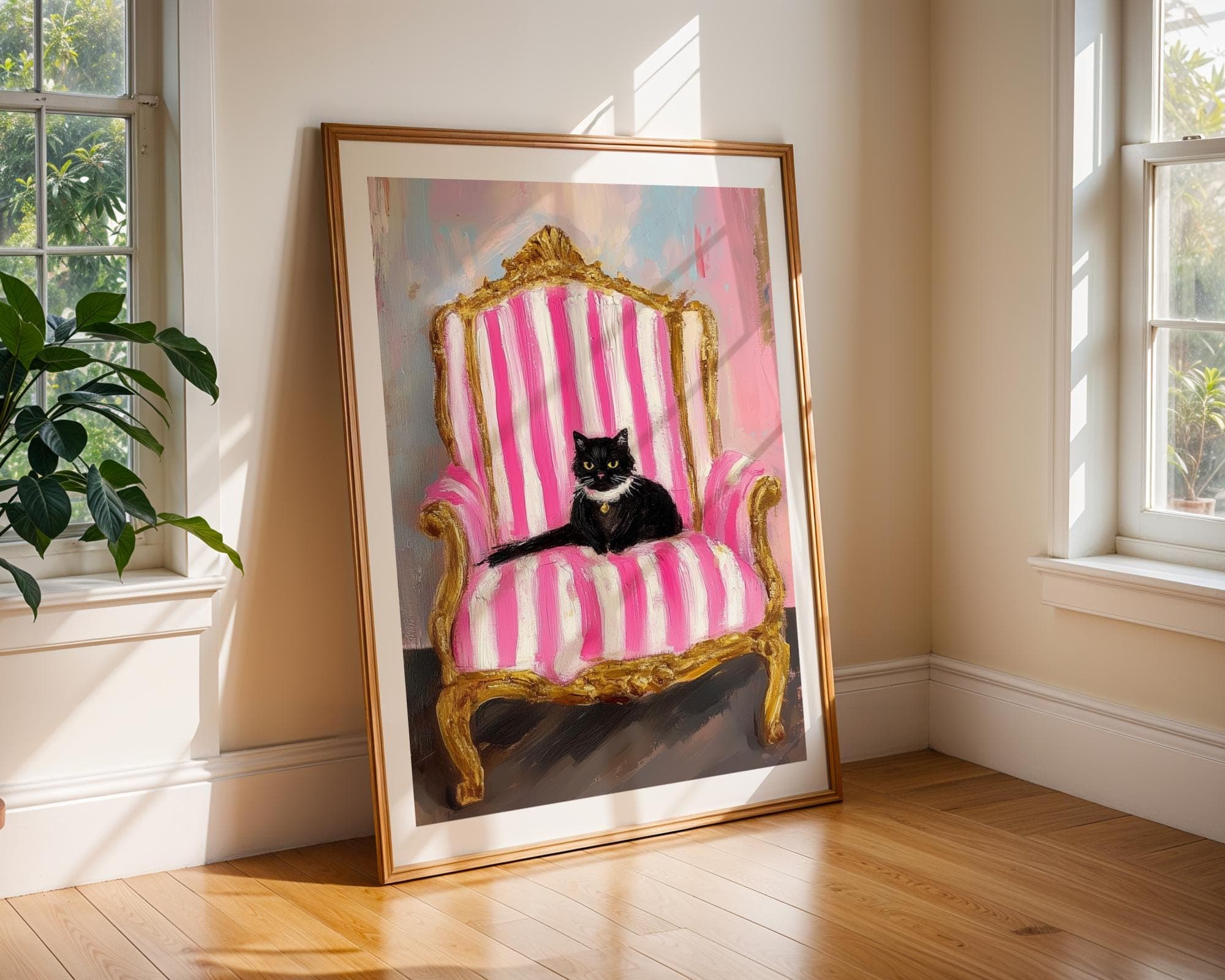 Black Cat on Pink Striped Chair, Pink Wall Art, Whimsical Cat Portrait, Quirky Wall Poster, Dopamine Wall Decor, Digital Download, Printable - view 5