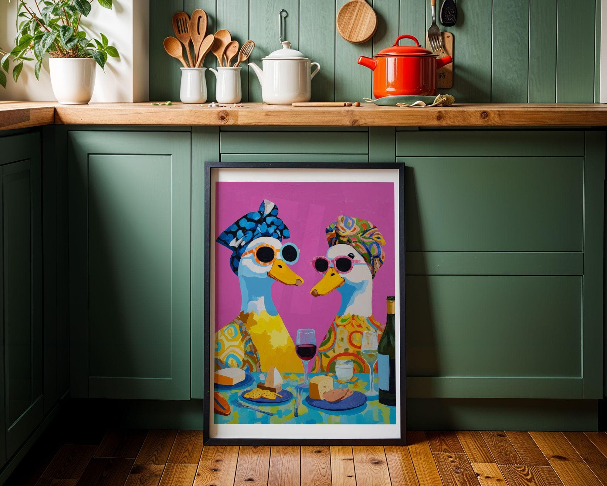 Funny Duck Couple Kitchen Wall Art, Colorful Duck Wine Wall Art, Funny Animal Kitchen Wall Art, Duck Wine Lovers Wall Decor, Quirky Kitchen - view 6