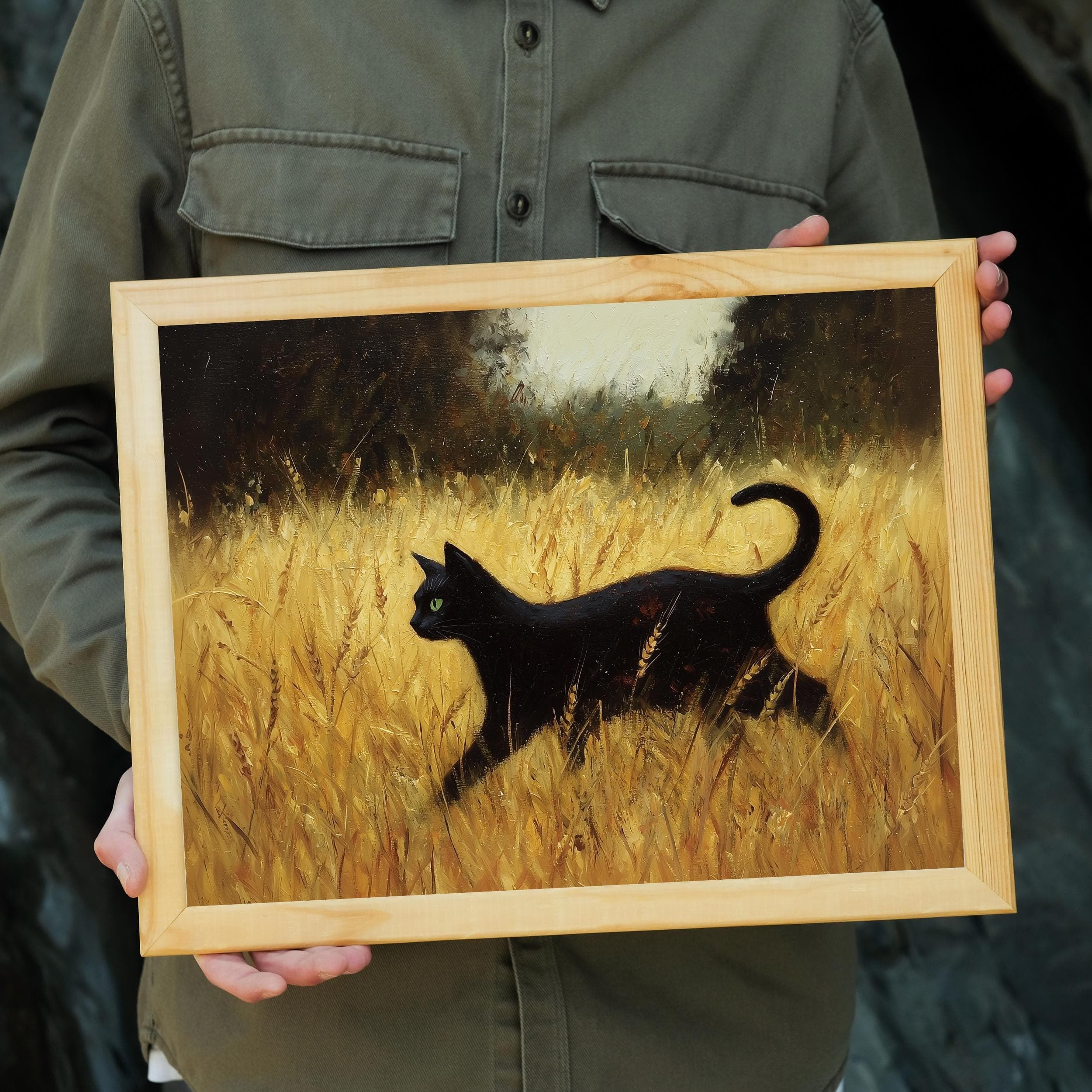 Black Cat Oil Painting Wall Art in Wheat Field, Yellow Gold Landscape, Green Eyes Cat Decor, Vintage Black Cat Wall Art, Vintage Black Cat - view 5