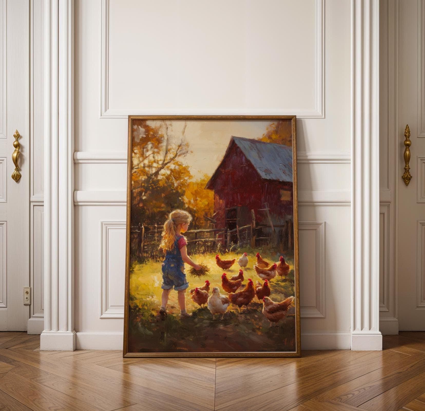 Rustic Farmhouse Wall Art, Nostalgic Farm Print, Little Girl Farm Painting, Vintage Farm Wall Decor, Digital Download, Girly Country Decor