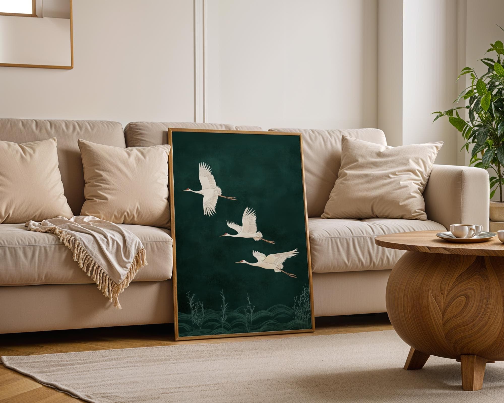 Japanese Cranes in Flight on Emerald Green, Japandi Digital Download, Emerald Art, Japandi Decor, Boho Bird Art, Wabi Sabi Wall Art - view 6