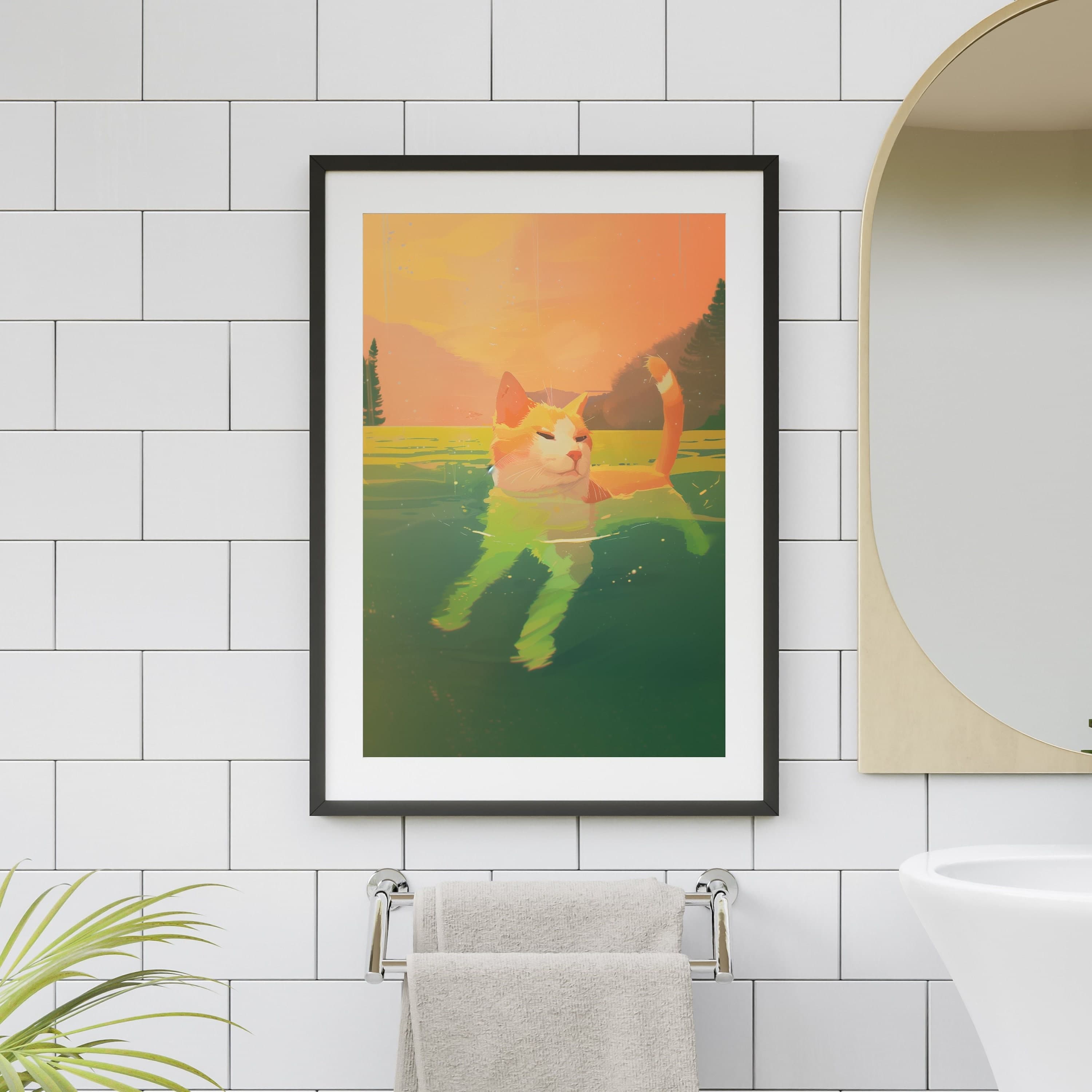 Ginger Cat Swimming Poster, Colorful Cat Wall Art, Unique Animal Art for Cat Lovers, International Cat Day, Cute Cat Art, Ginger Cat Poster - view 4