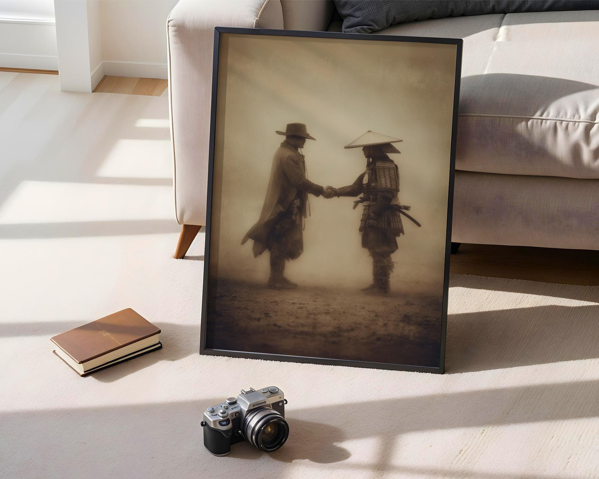 Epic Cowboy and Samurai Poster – Vintage Sepia Tone Art Print, East Meets West Poster, Cowboy and Samurai Peace Deal, Cowboy and Samurai Art - view 3