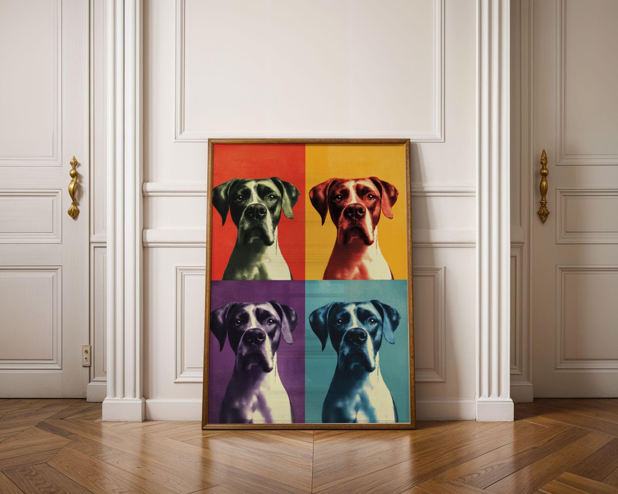 Pop Art Dog Quad | Colorful Modern Wall Art, Colorful Boxer Dog Art, Whimsical Wall Print, Funny Dog Wall Art, Gallery Wall Print