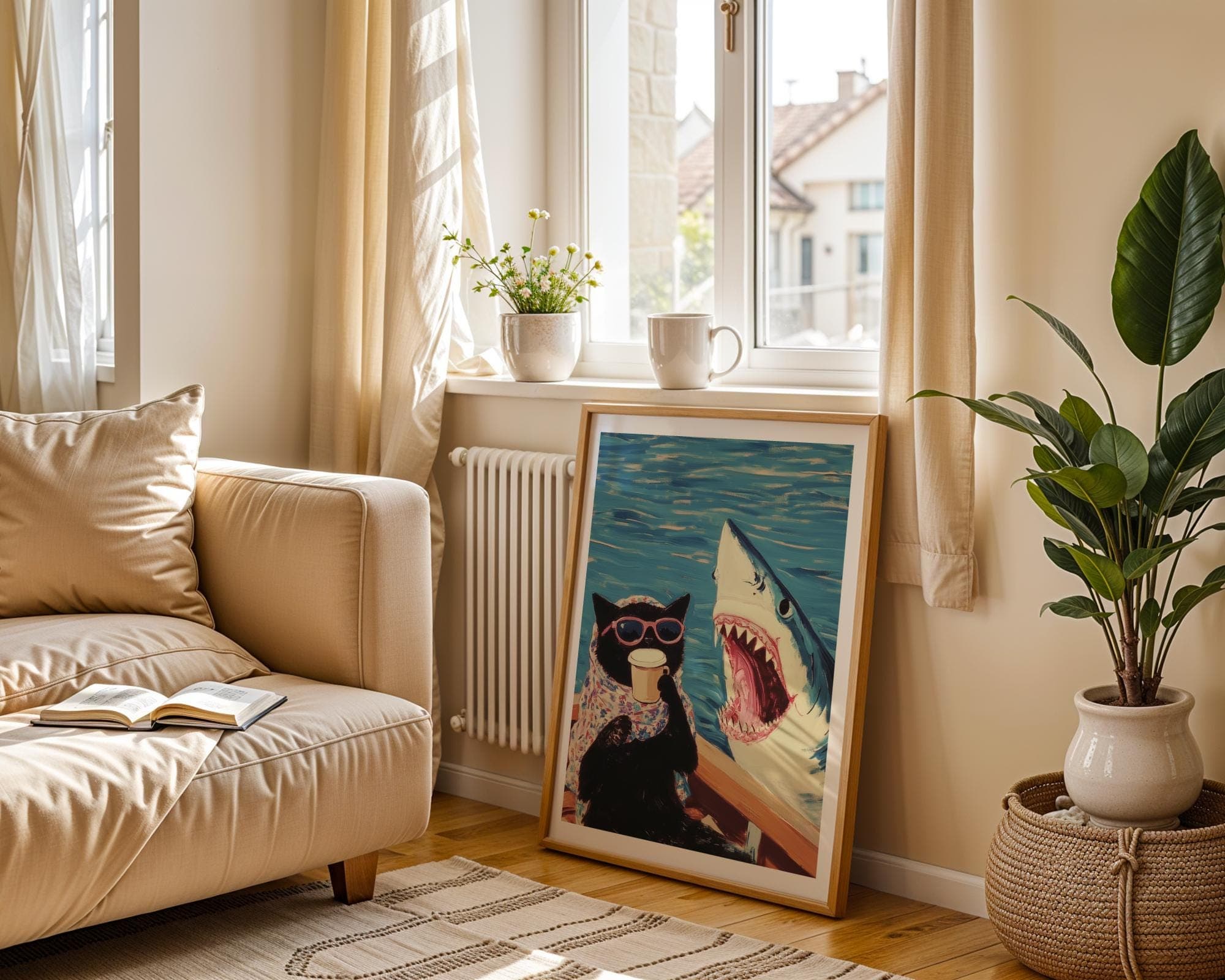 Funny Black Cat and Shark Wall Art, Funny Animal Art, Quirky Art Print, Quirky Cat Poster, Maximalist Cat Wall Art, Humorous Poster, Digital - view 6