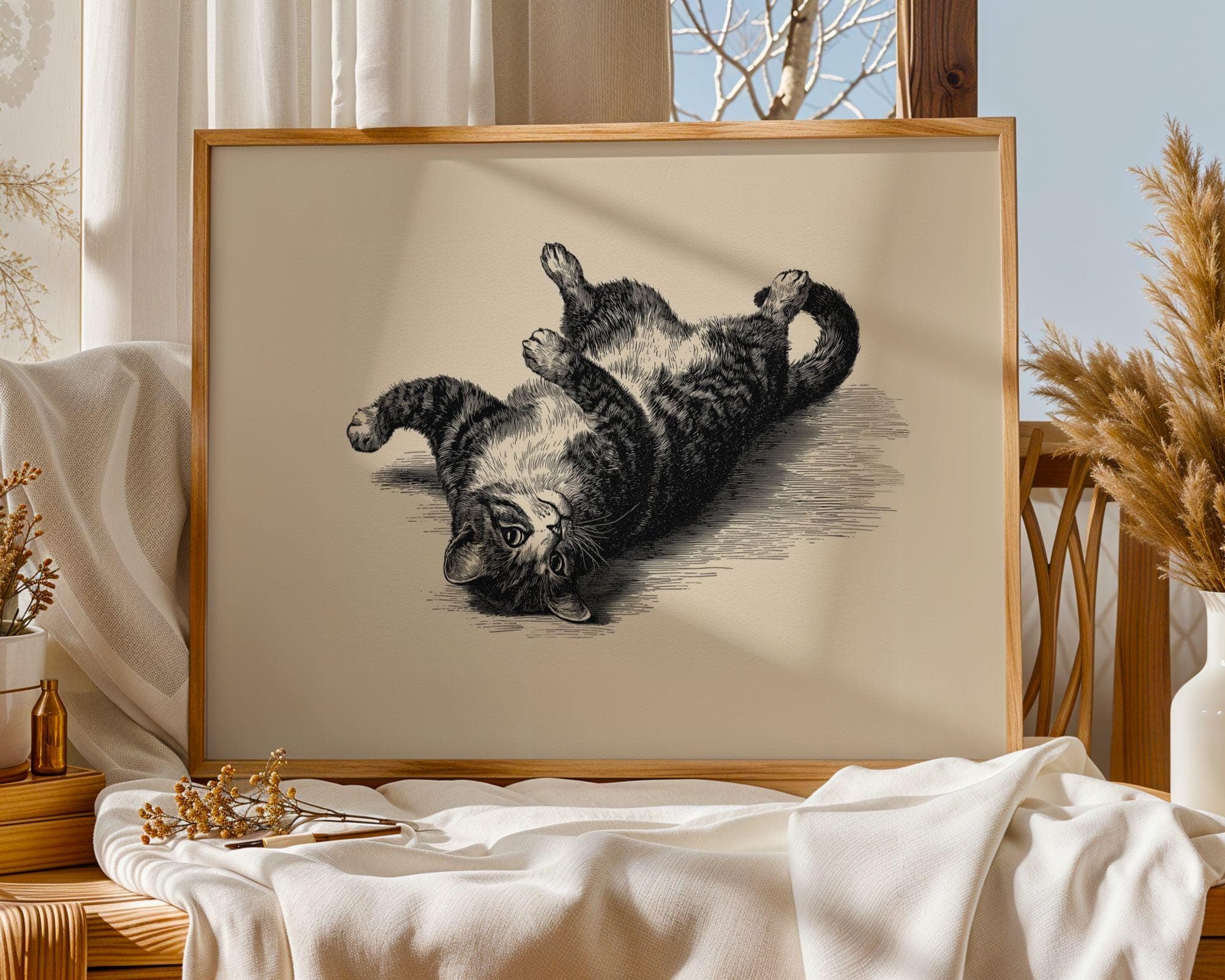Playful Cat Vintage Print, Funny Cat Wall Art, Whimsical Animal Art, Cat Line Art, Cat Lover Gift Print – Quirky Kitty Art, Digital Art - view 2