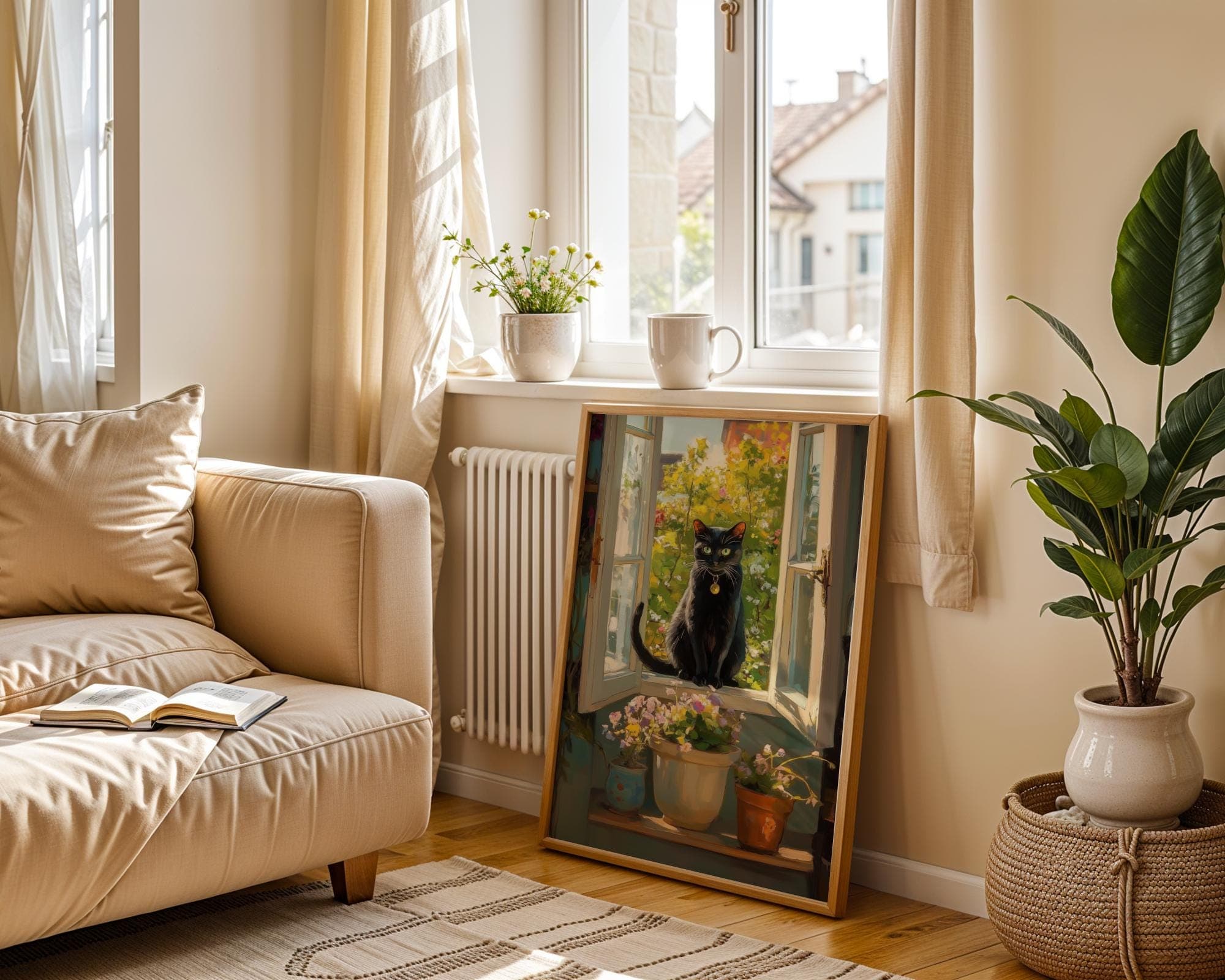 Black Cat and Flowers Poster, Cottagecore Window Art, Black Cat Oil Painting, Quirky Cat Poster, Black Cat on Window Print Funny Poster - view 4