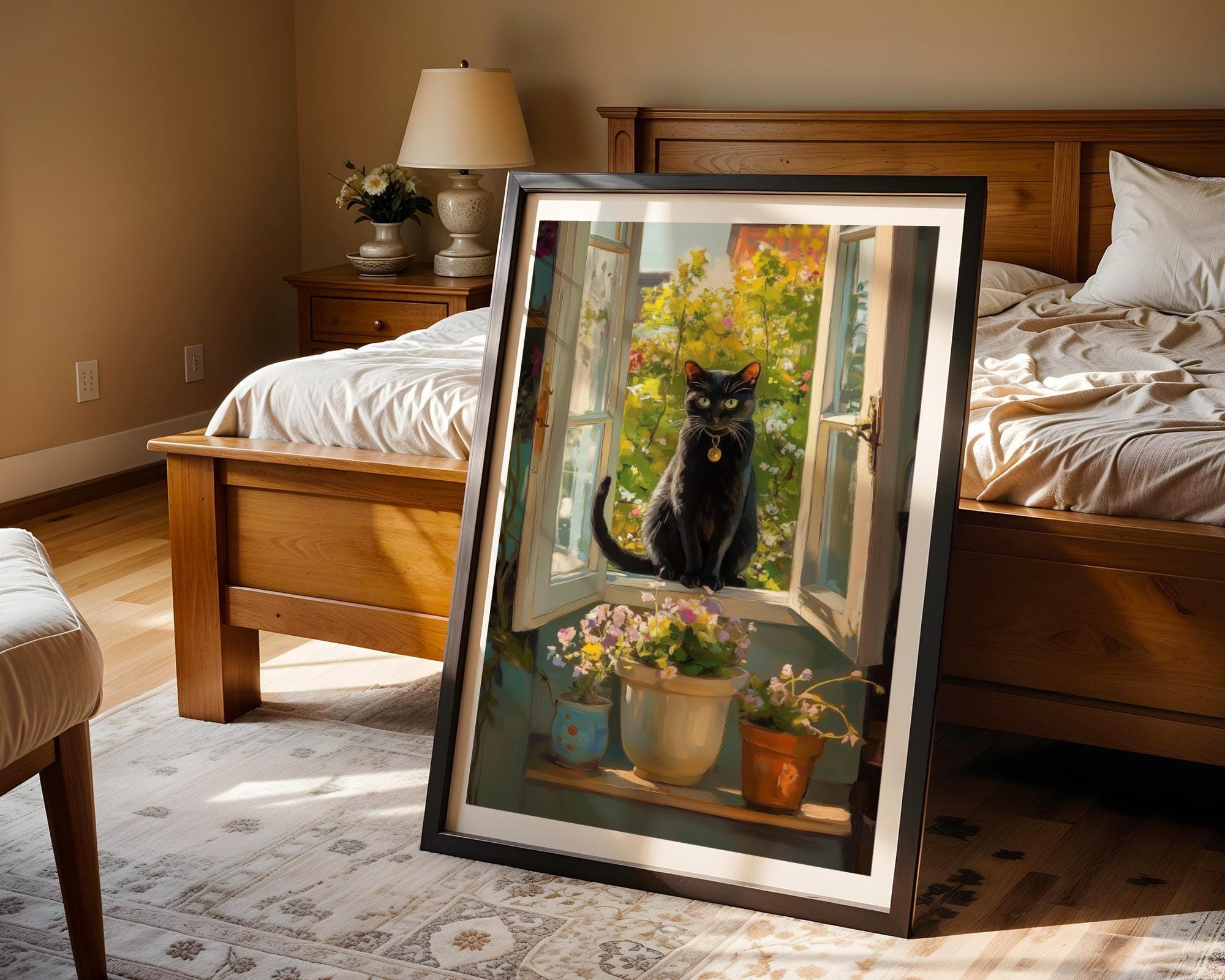 Black Cat and Flowers Poster, Cottagecore Window Art, Black Cat Oil Painting, Quirky Cat Poster, Black Cat on Window Print Funny Poster - view 5
