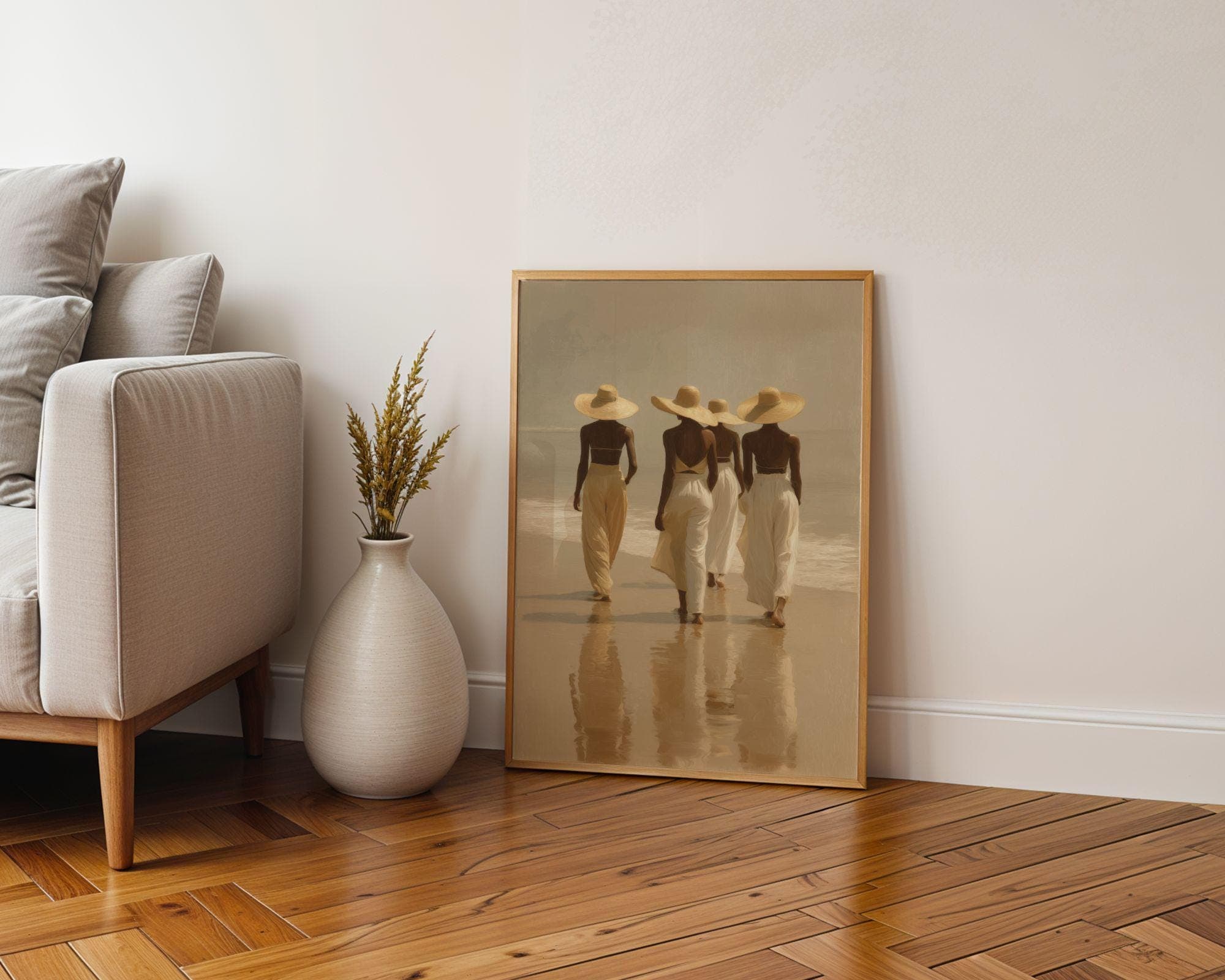 Neutral Beach Wall Art – Seaside Women Print, Calm Coastal Decor, Modern Minimal, African American Wall Art, Beige Ocean Decor, Digital Art